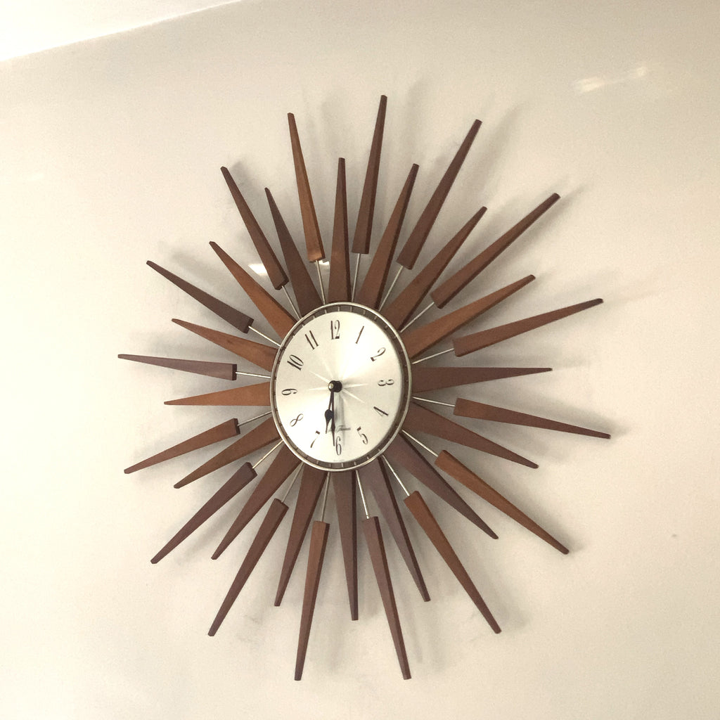 1960s Seth Thomas Teak Sunburst Clock – Large Mid Century Modern Starburst Wall Clock