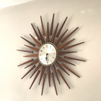 1960s Seth Thomas Teak Sunburst Clock – Large Mid Century Modern Starburst Wall Clock