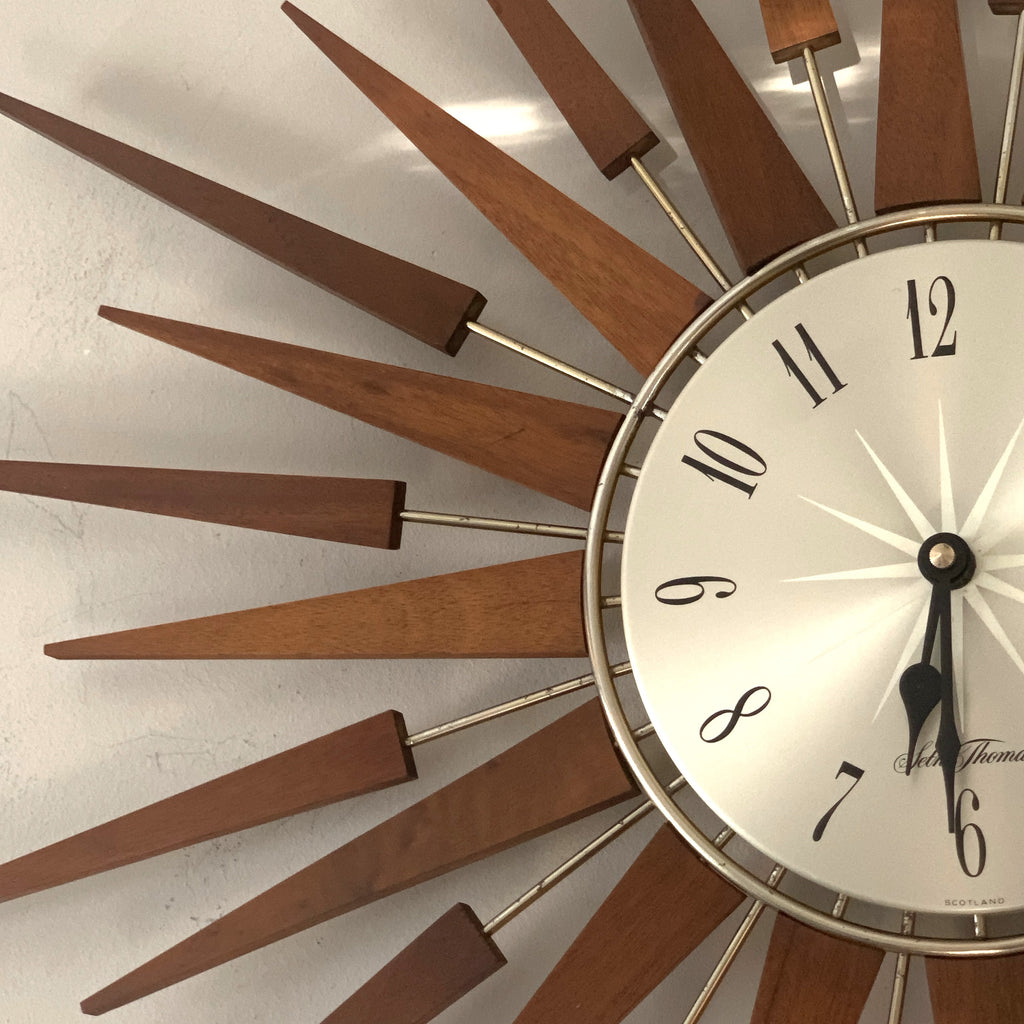 1960s Seth Thomas Teak Sunburst Clock – Large Mid Century Modern Starburst Wall Clock
