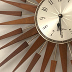 1960s Seth Thomas Teak Sunburst Clock – Large Mid Century Modern Starburst Wall Clock