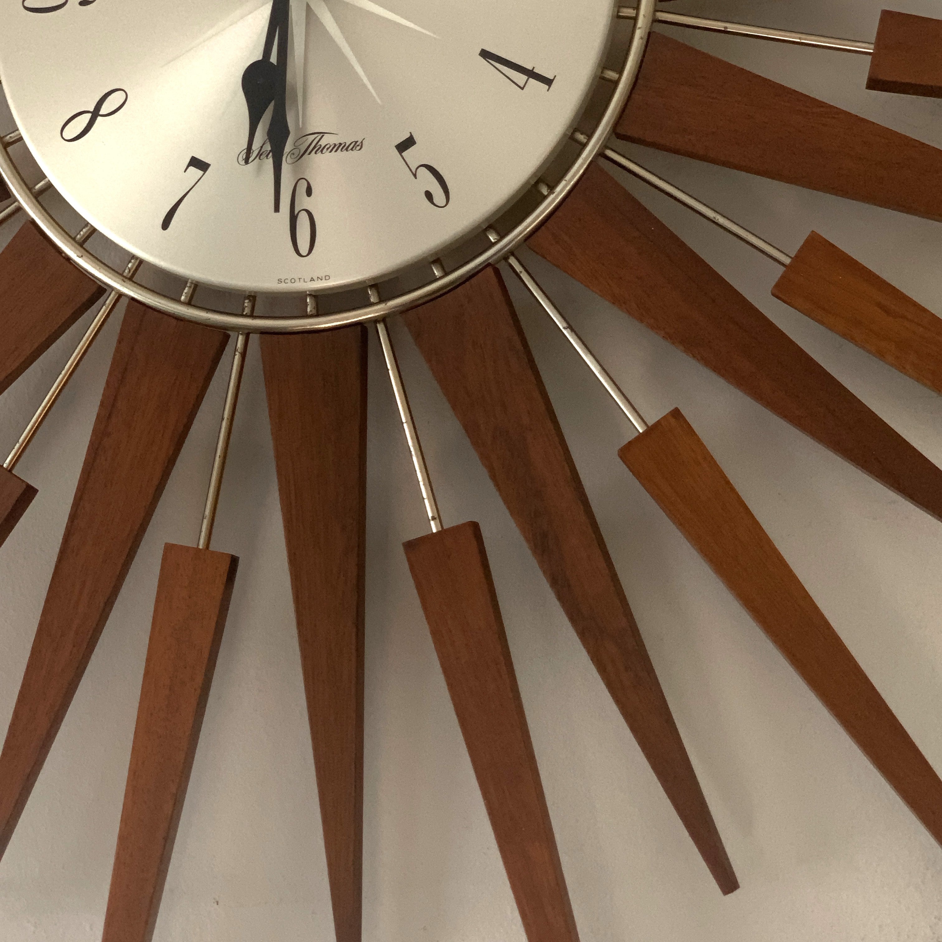 1960s Seth Thomas Teak Sunburst Clock – Large Mid Century Modern Starburst Wall Clock
