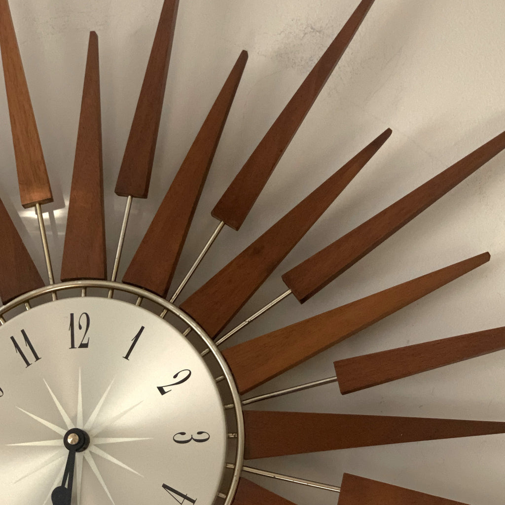 1960s Seth Thomas Teak Sunburst Clock – Large Mid Century Modern Starburst Wall Clock