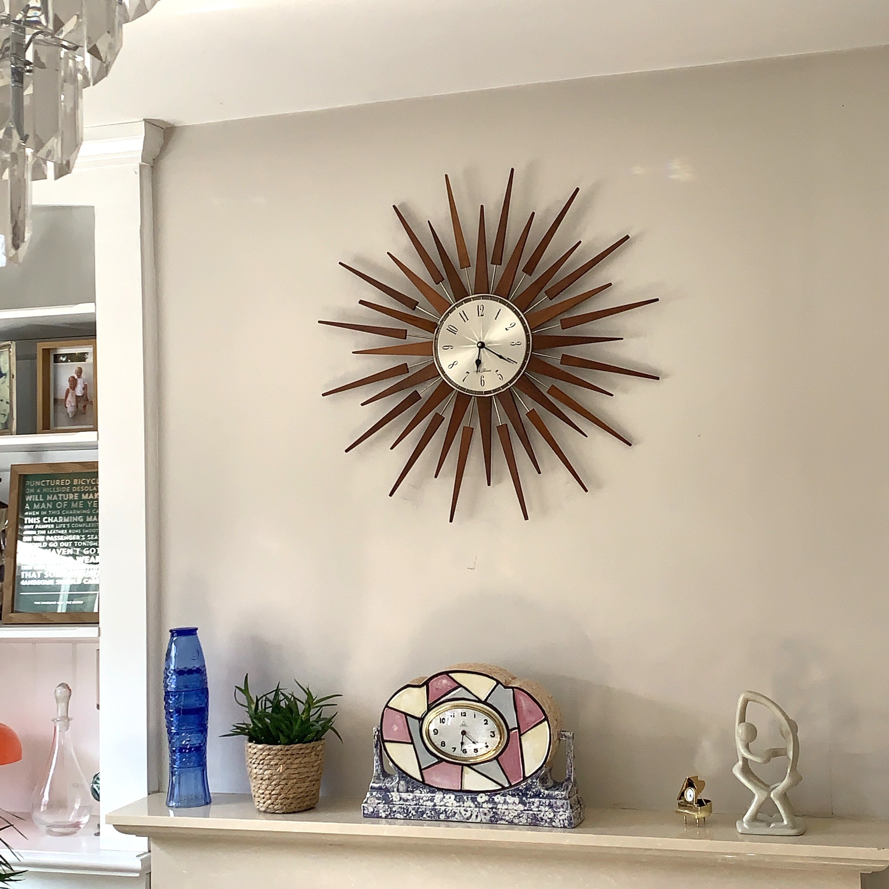 1960s Seth Thomas Teak Sunburst Clock – Large Mid Century Modern Starburst Wall Clock