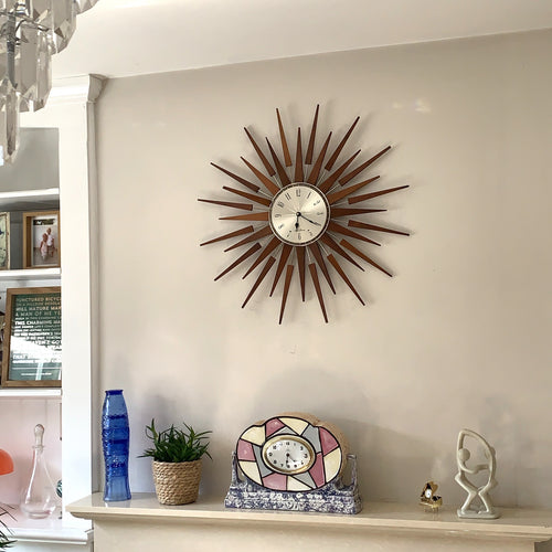 1960s Seth Thomas Teak Sunburst Clock – Large Mid Century Modern Starburst Wall Clock