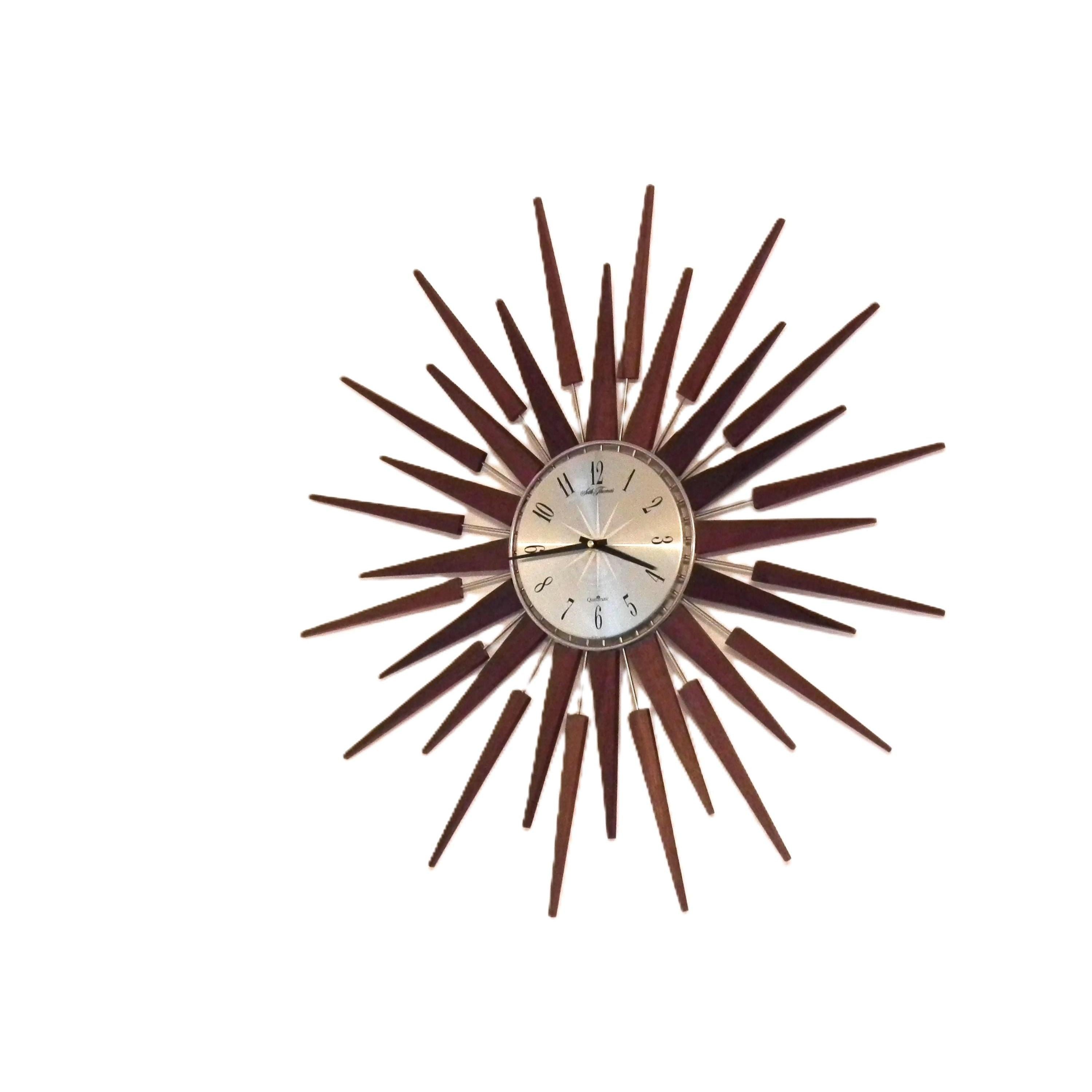 1960s Seth Thomas Teak Sunburst Clock – Large Mid Century Modern Starburst Wall Clock