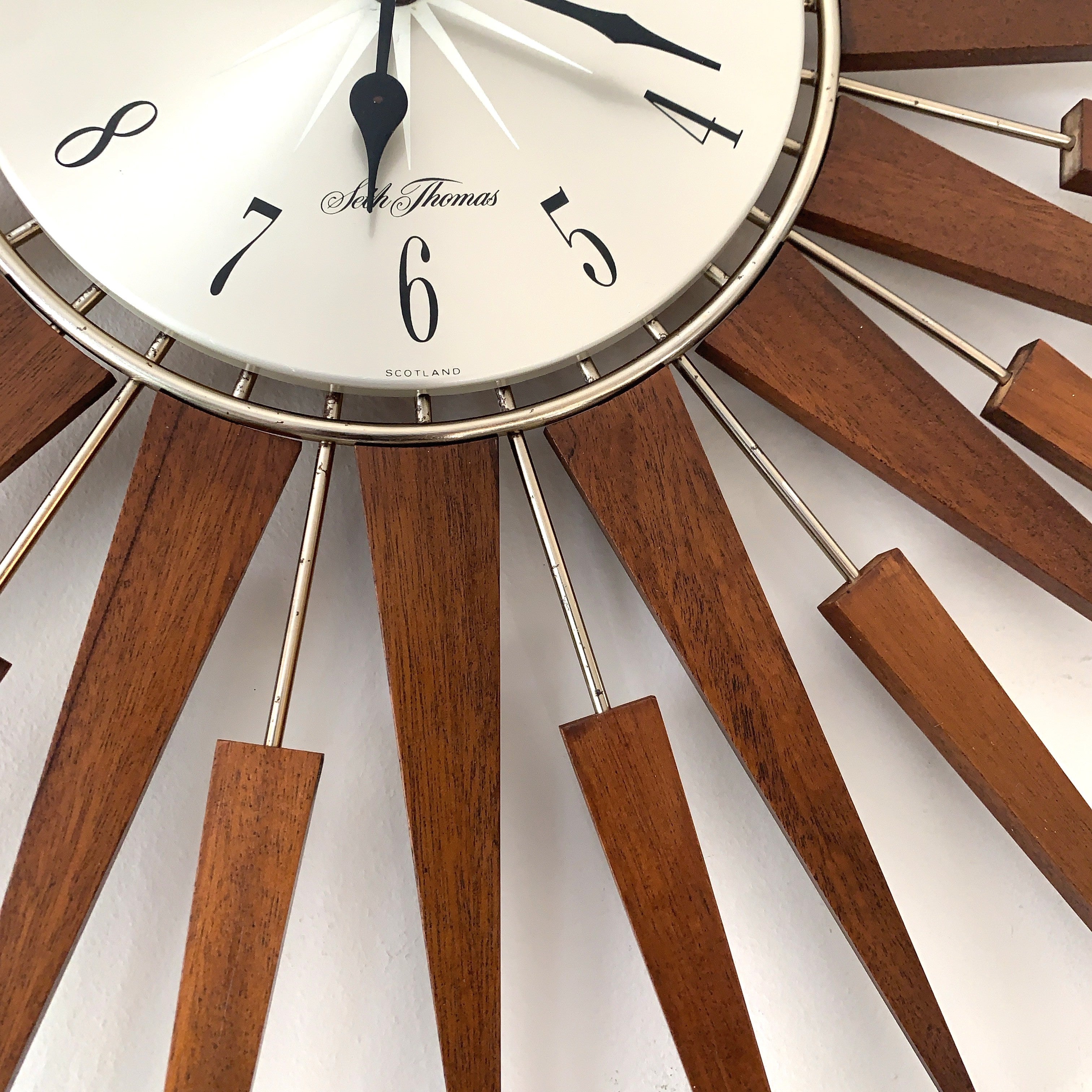 1960s Seth Thomas Teak Sunburst Clock – Large Mid Century Modern Starburst Wall Clock