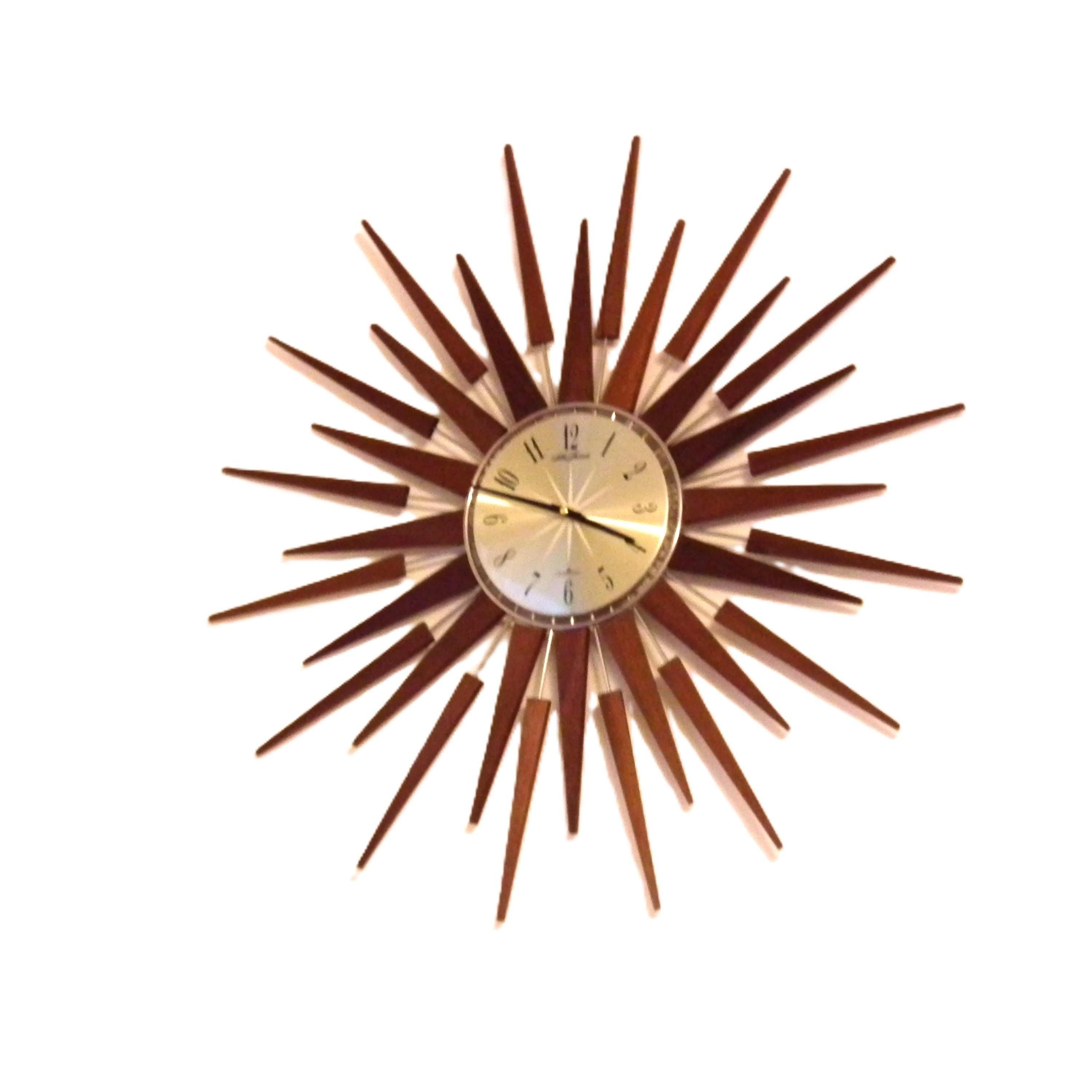 1960s Seth Thomas Teak Sunburst Clock – Large Mid Century Modern Starburst Wall Clock