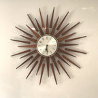 1960s Seth Thomas Teak Sunburst Clock – Large Mid Century Modern Starburst Wall Clock