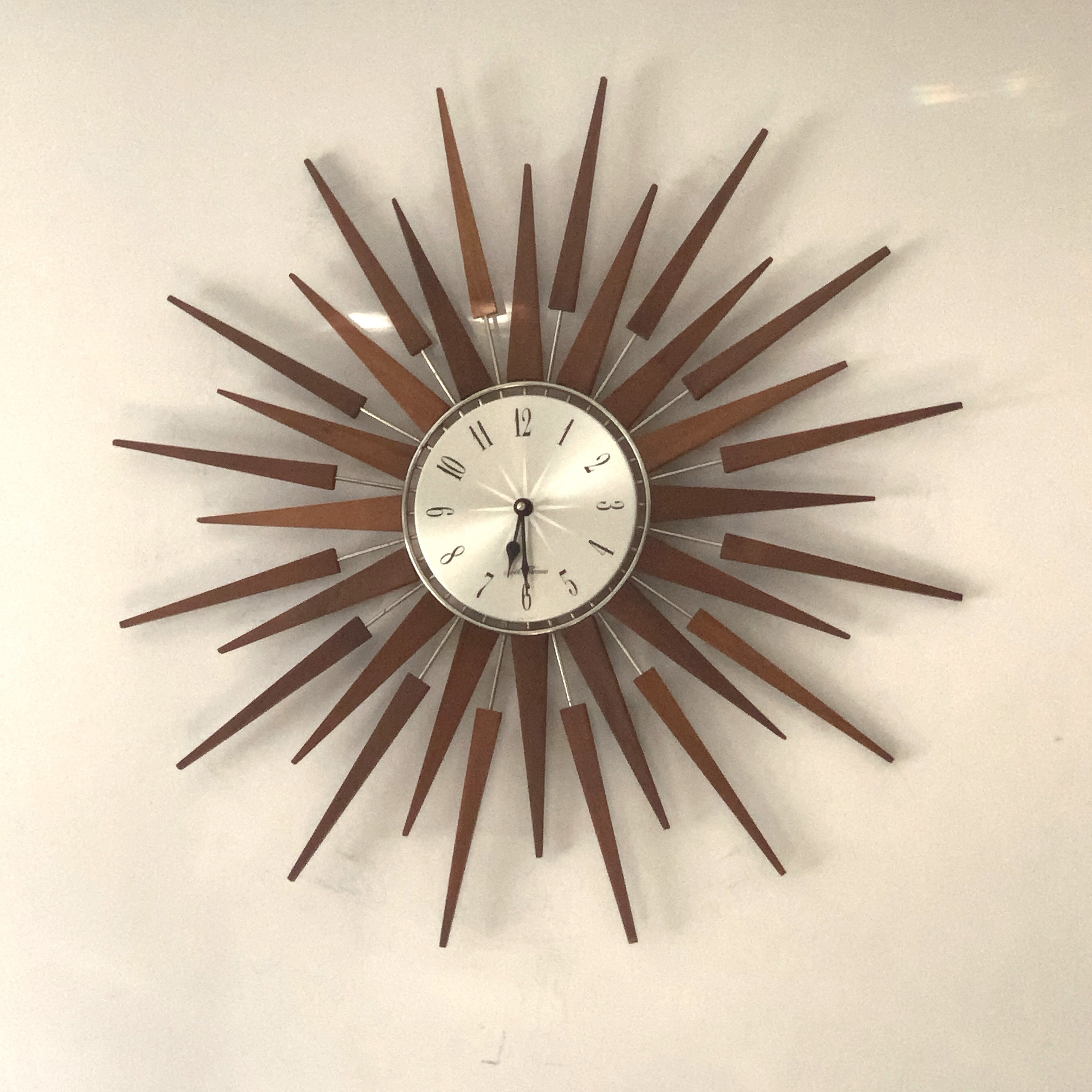 1960s Seth Thomas Teak Sunburst Clock – Large Mid Century Modern Starburst Wall Clock