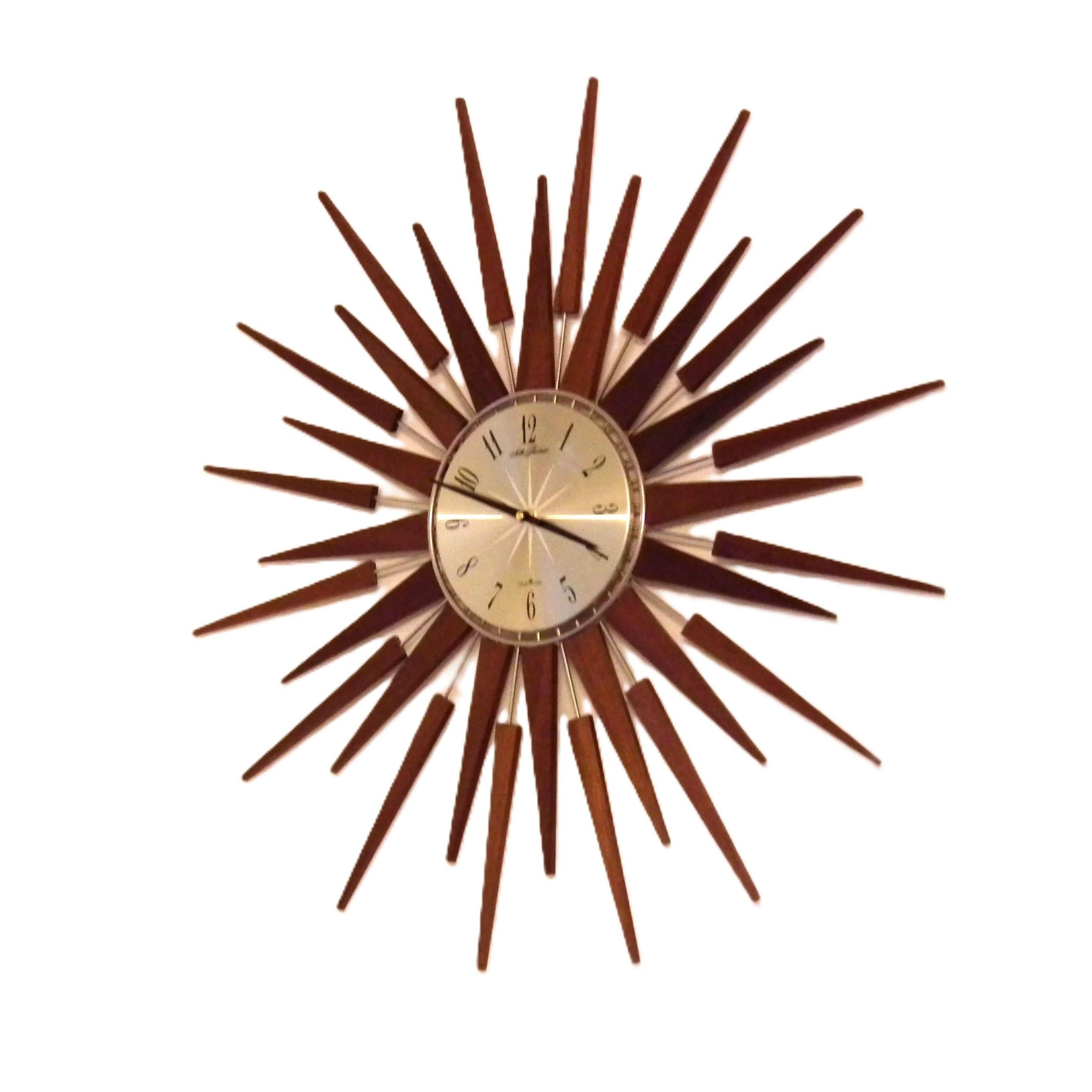 1960s Seth Thomas Teak Sunburst Clock – Large Mid Century Modern Starburst Wall Clock