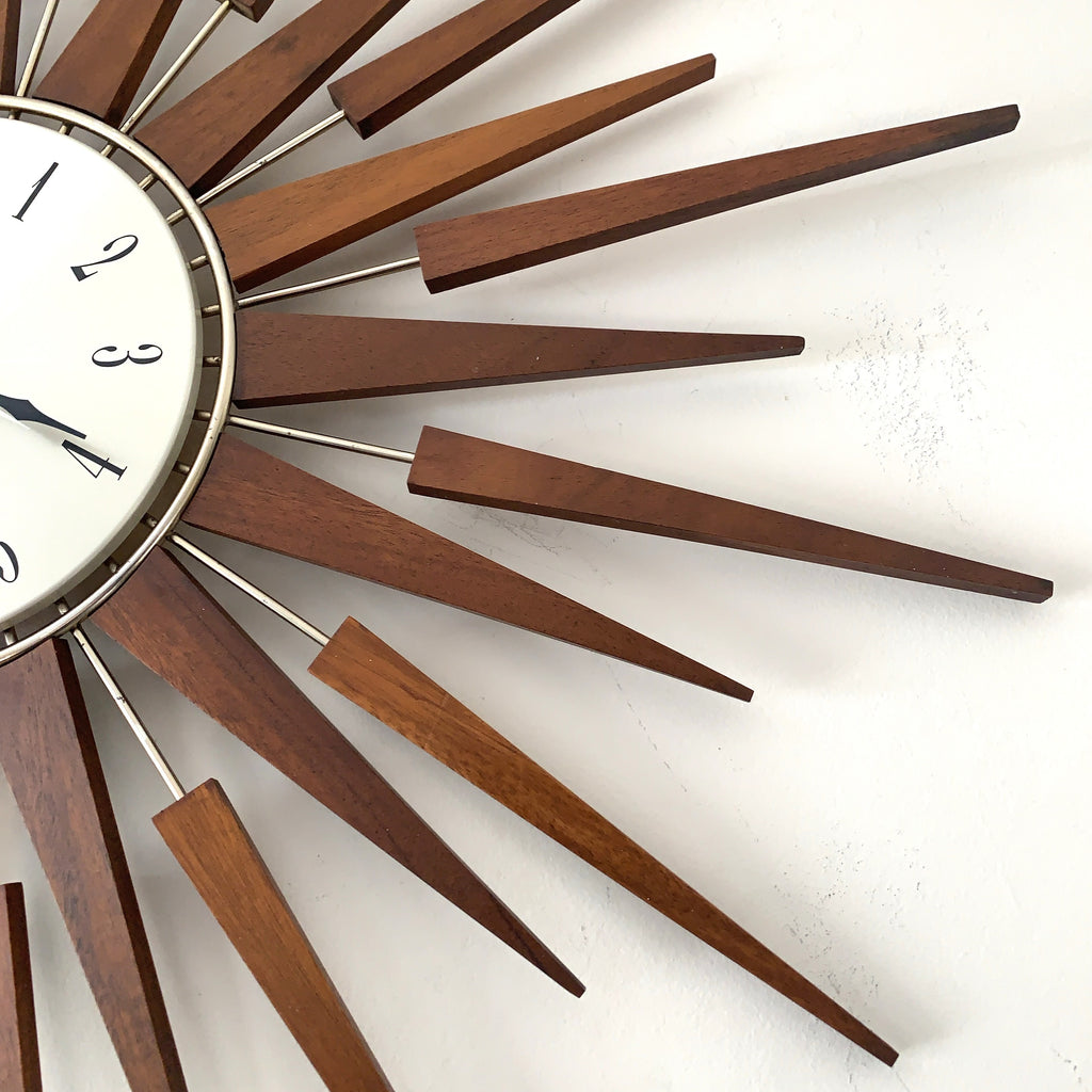1960s Seth Thomas Teak Sunburst Clock – Large Mid Century Modern Starburst Wall Clock