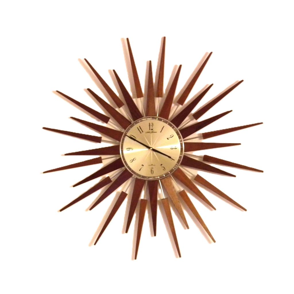 1960s Seth Thomas Teak Sunburst Clock – Large Mid Century Modern Starburst Wall Clock