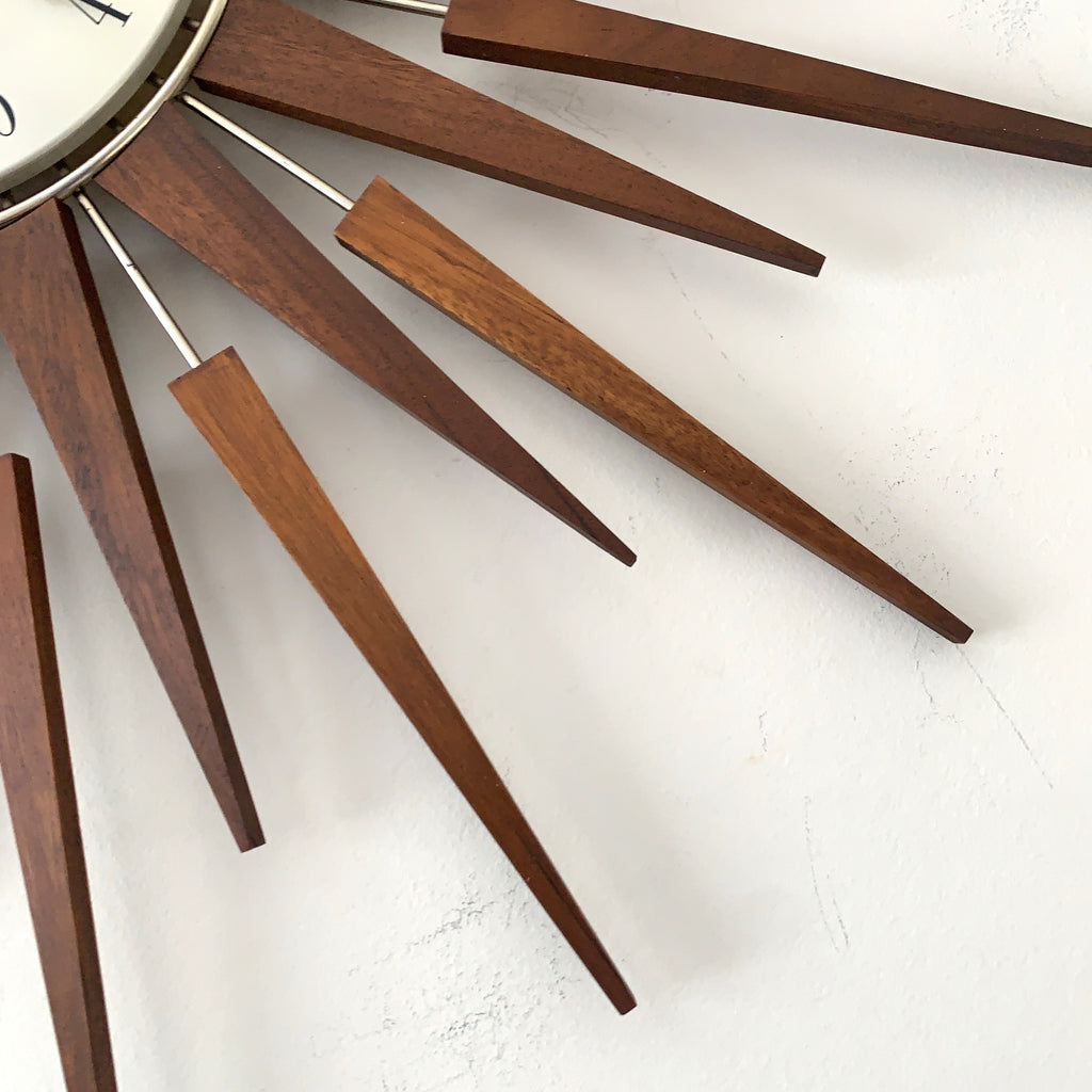 1960s Seth Thomas Teak Sunburst Clock – Large Mid Century Modern Starburst Wall Clock