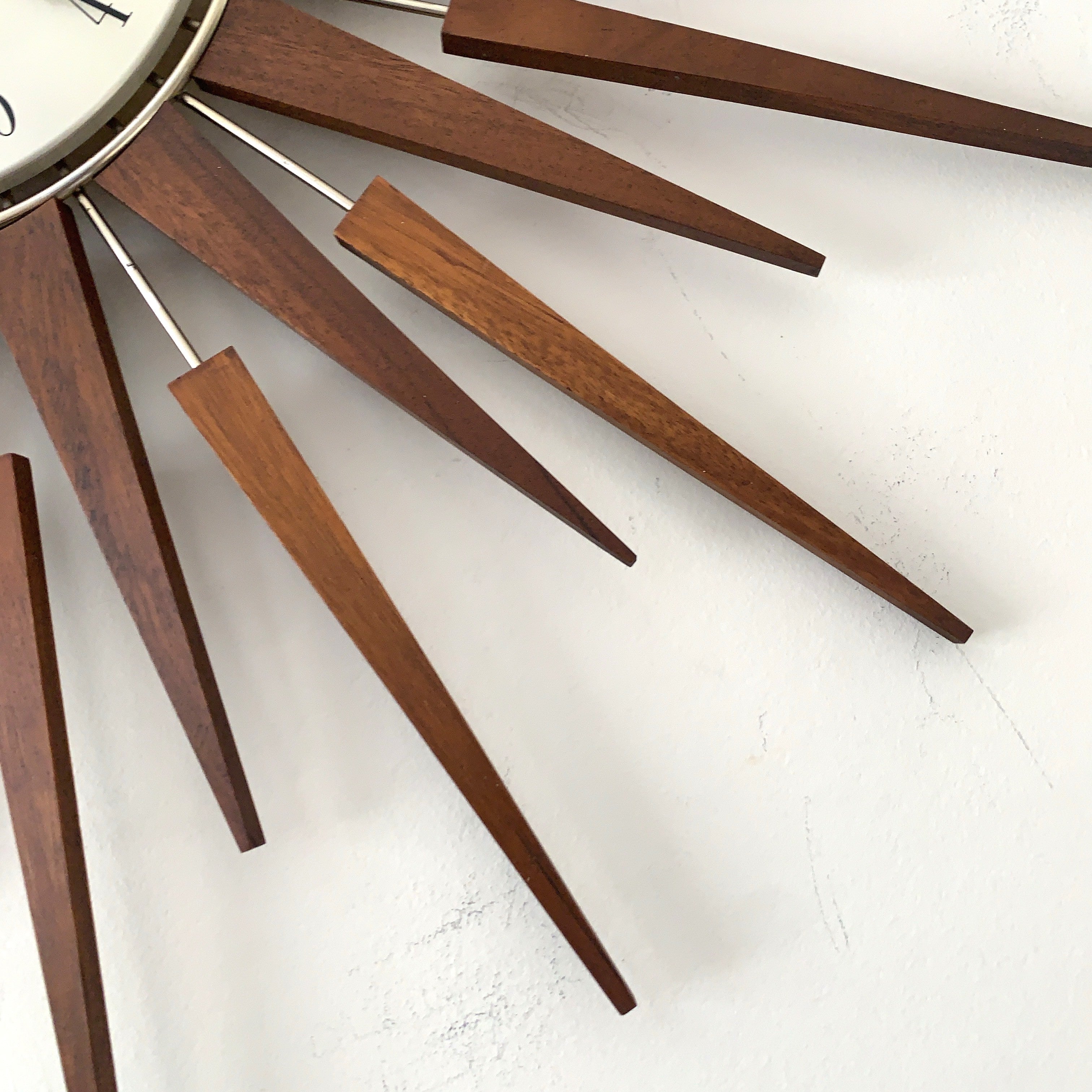 1960s Seth Thomas Teak Sunburst Clock – Large Mid Century Modern Starburst Wall Clock