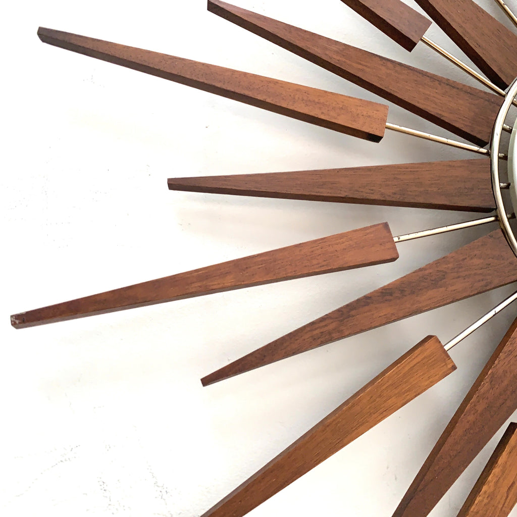 1960s Seth Thomas Teak Sunburst Clock – Large Mid Century Modern Starburst Wall Clock