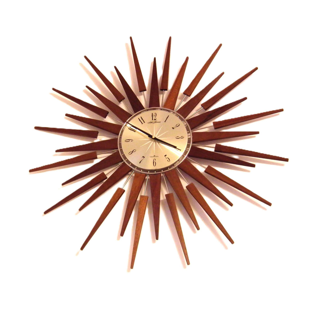 1960s Seth Thomas Teak Sunburst Clock – Large Mid Century Modern Starburst Wall Clock