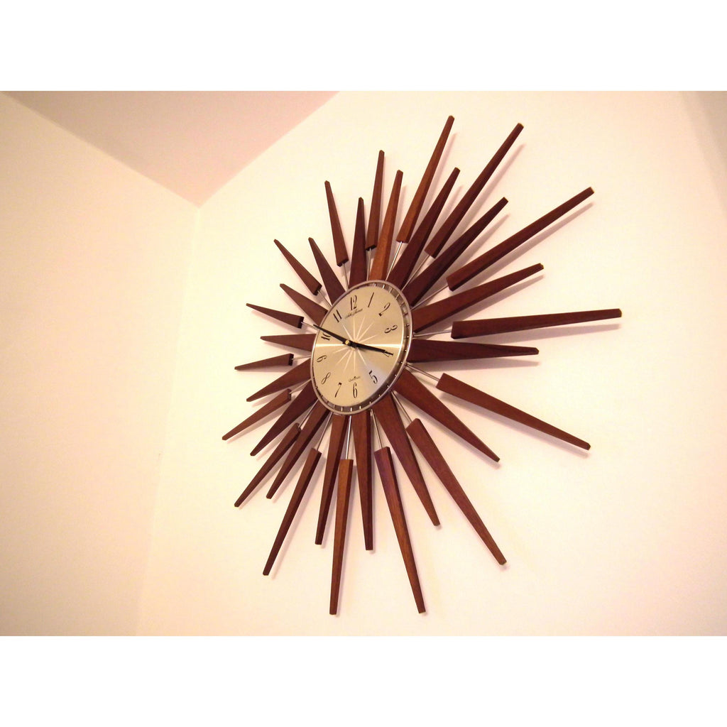 1960s Seth Thomas Teak Sunburst Clock – Large Mid Century Modern Starburst Wall Clock