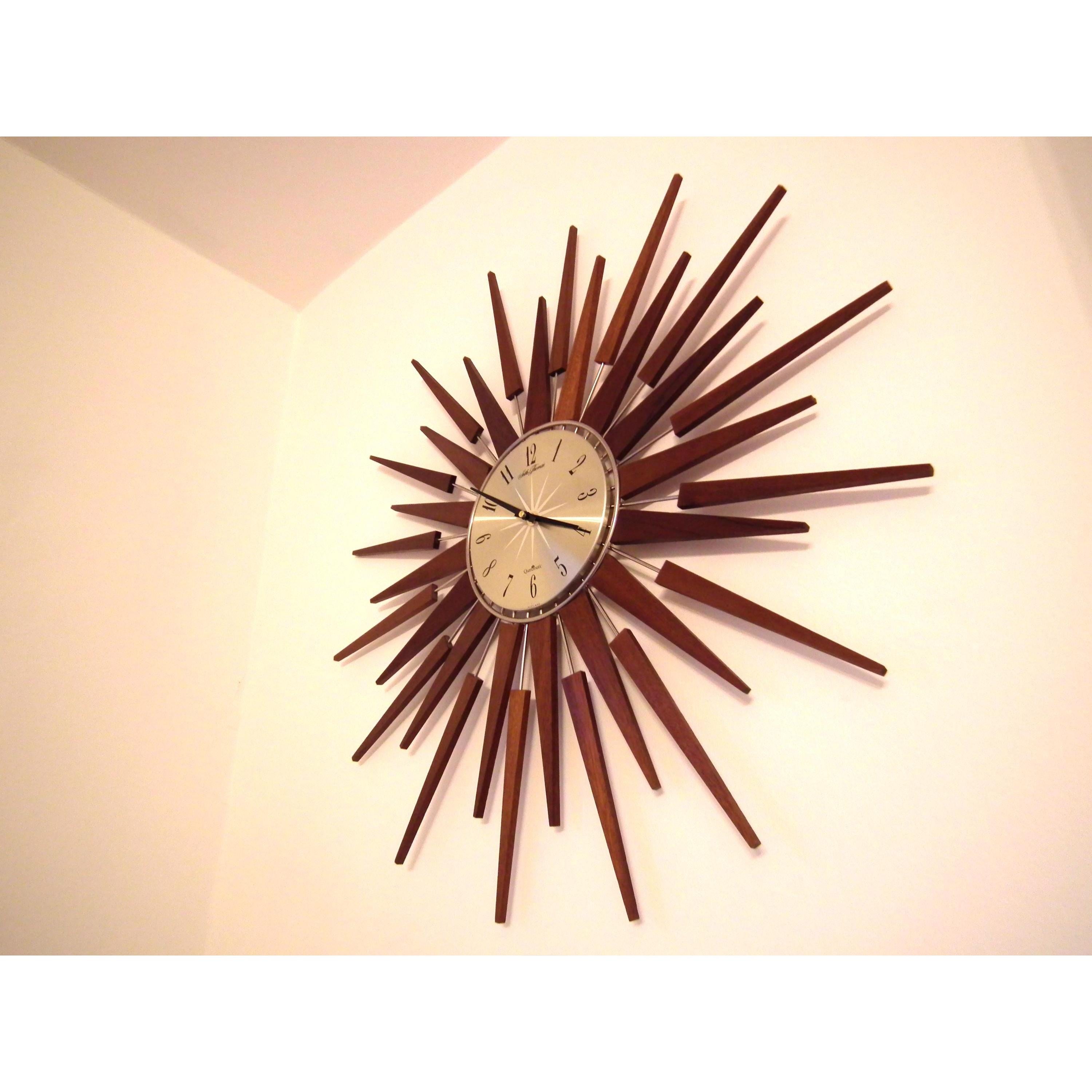 1960s Seth Thomas Teak Sunburst Clock – Large Mid Century Modern Starburst Wall Clock