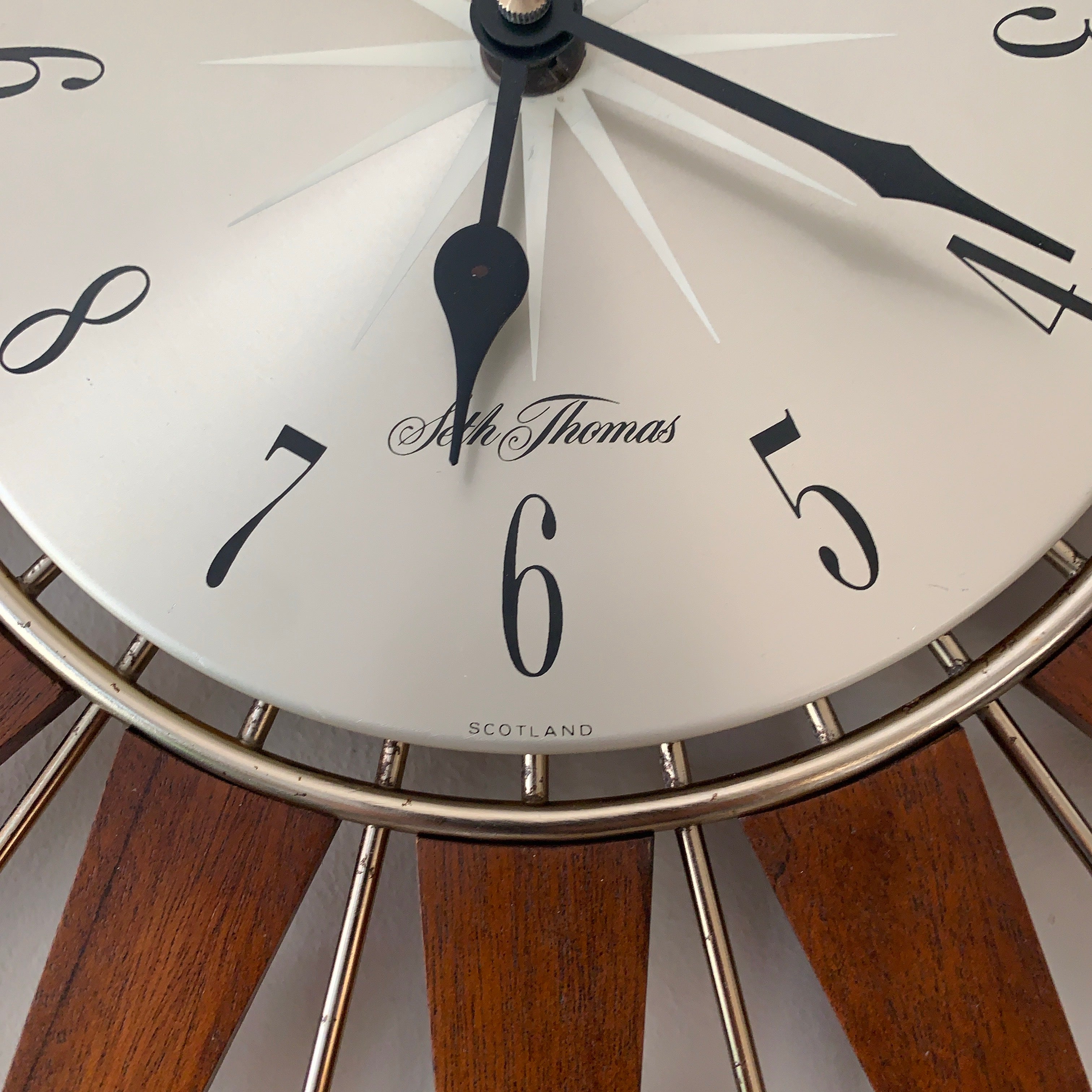 1960s Seth Thomas Teak Sunburst Clock – Large Mid Century Modern Starburst Wall Clock
