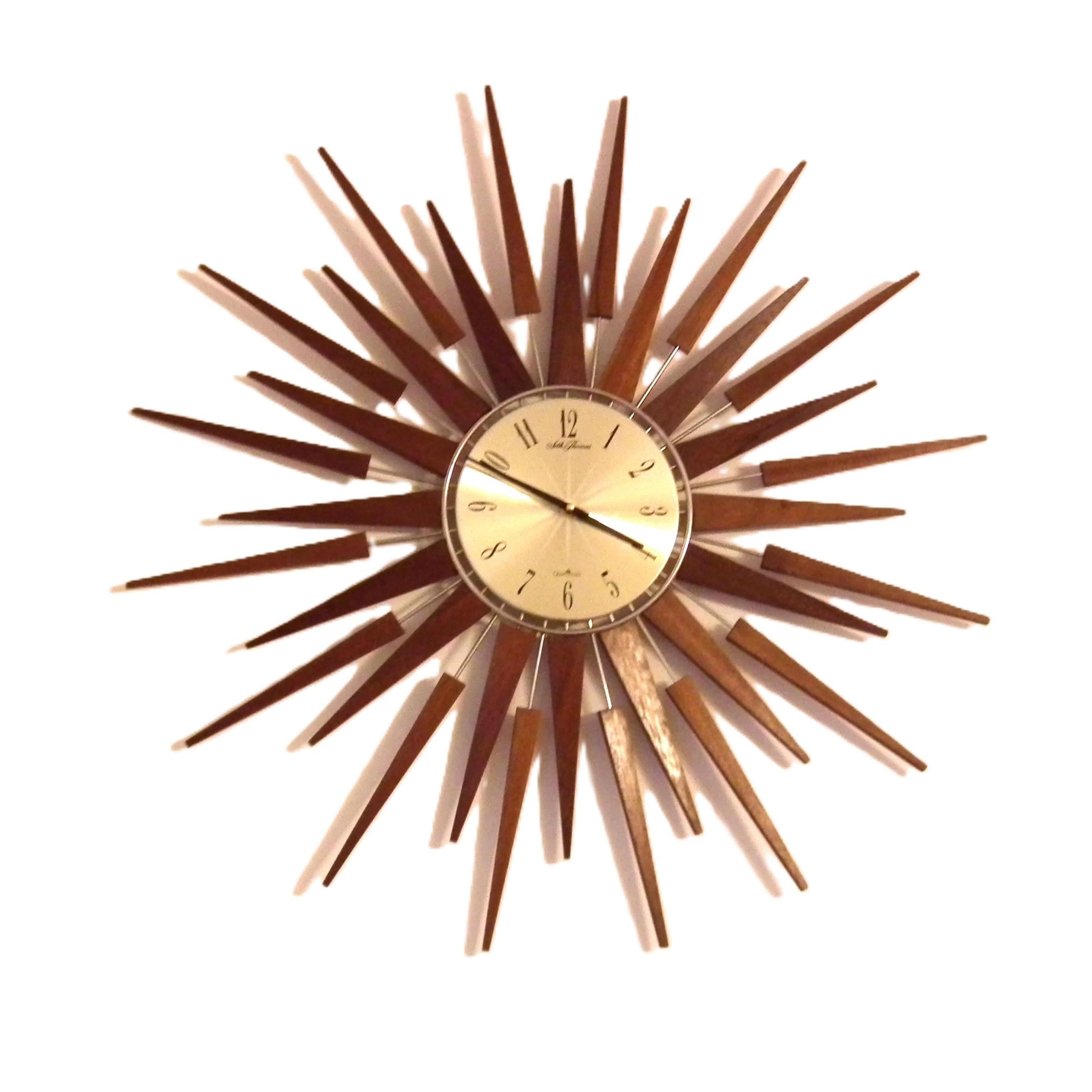 1960s Seth Thomas Teak Sunburst Clock – Large Mid Century Modern Starburst Wall Clock