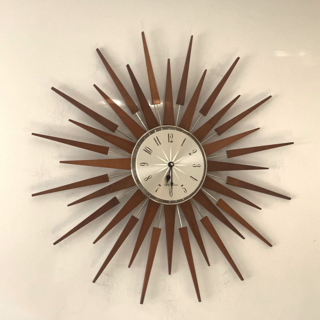 1960s Seth Thomas Teak Sunburst Clock – Large Mid Century Modern Starburst Wall Clock