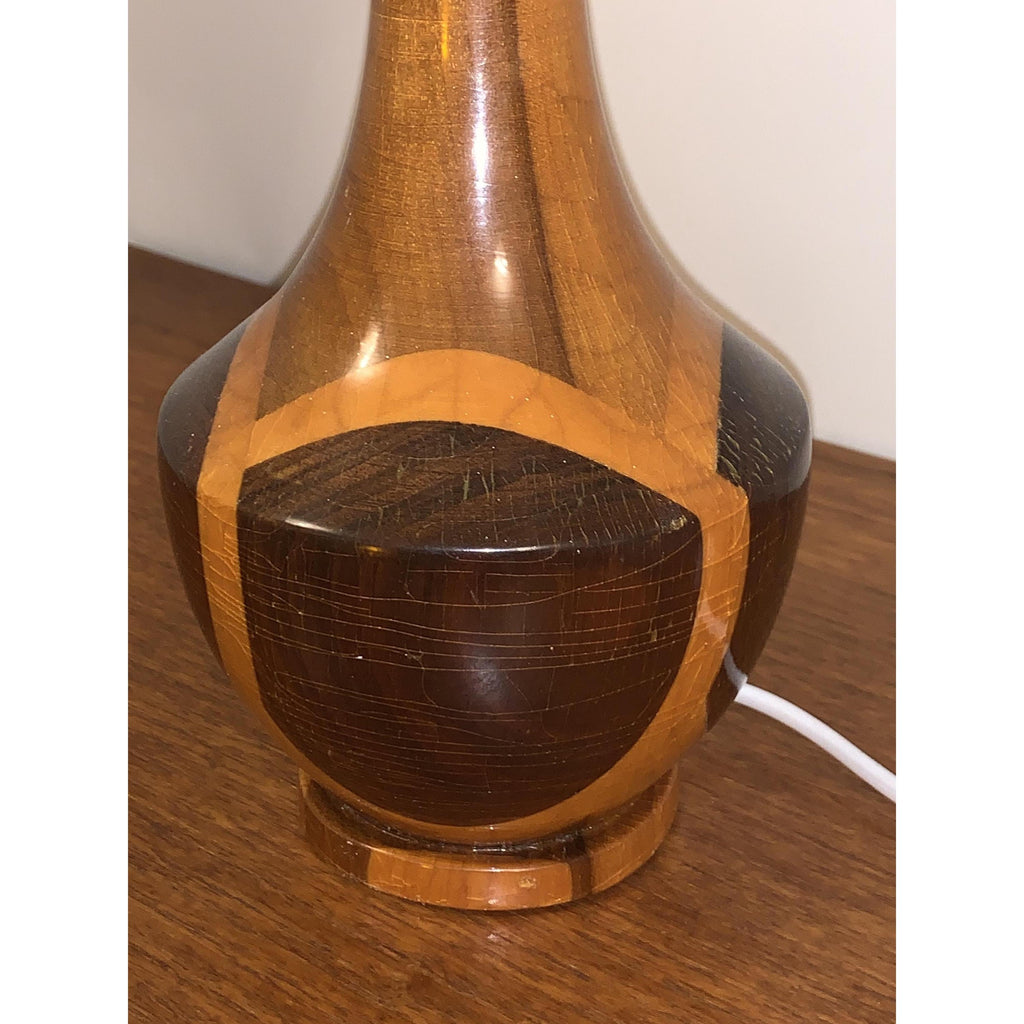 1960s Wood Inlay Hourglass Lamp – Orange Spun Fiberglass Shade, Mid Century Modern British Vintage