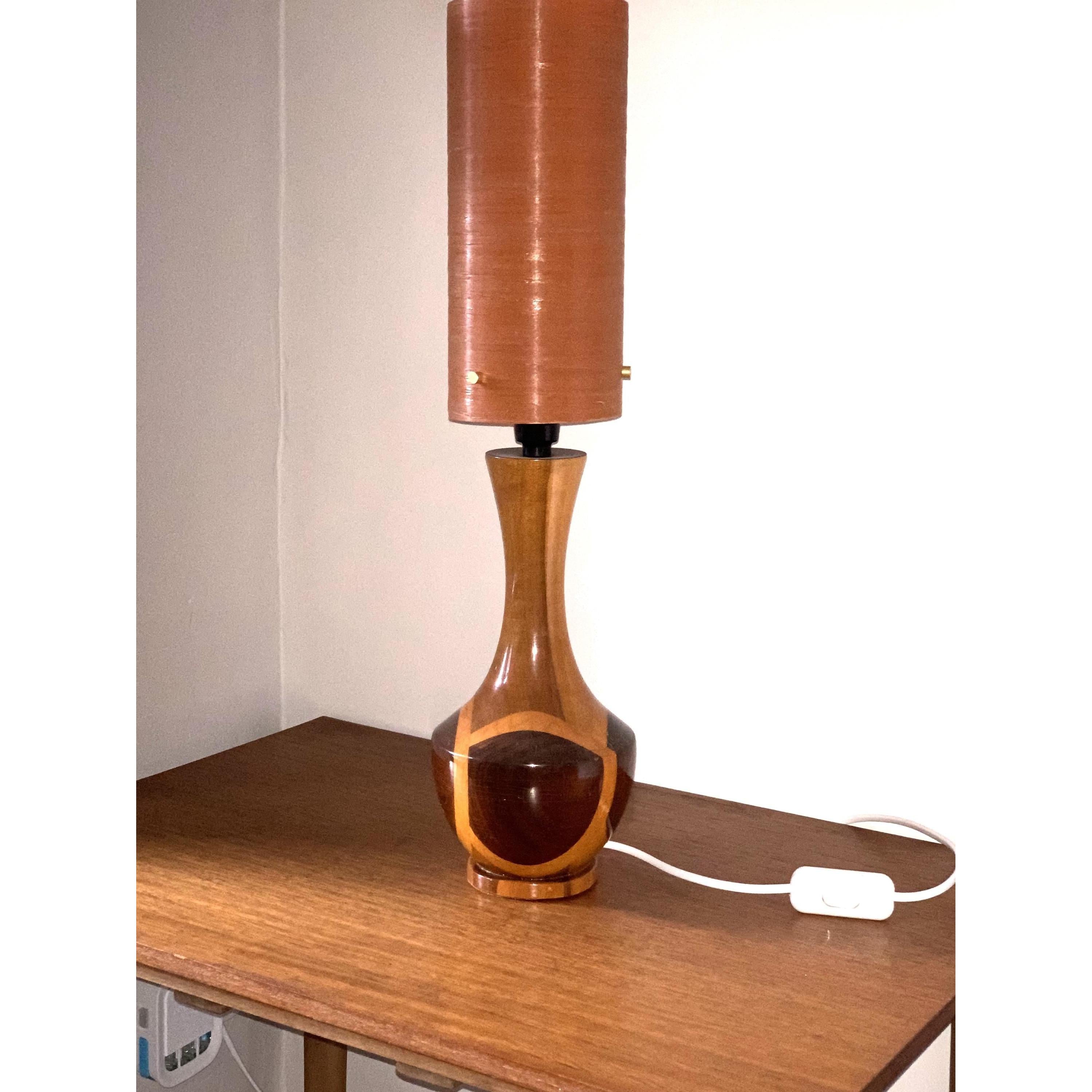 1960s Wood Inlay Hourglass Lamp – Orange Spun Fiberglass Shade, Mid Century Modern British Vintage