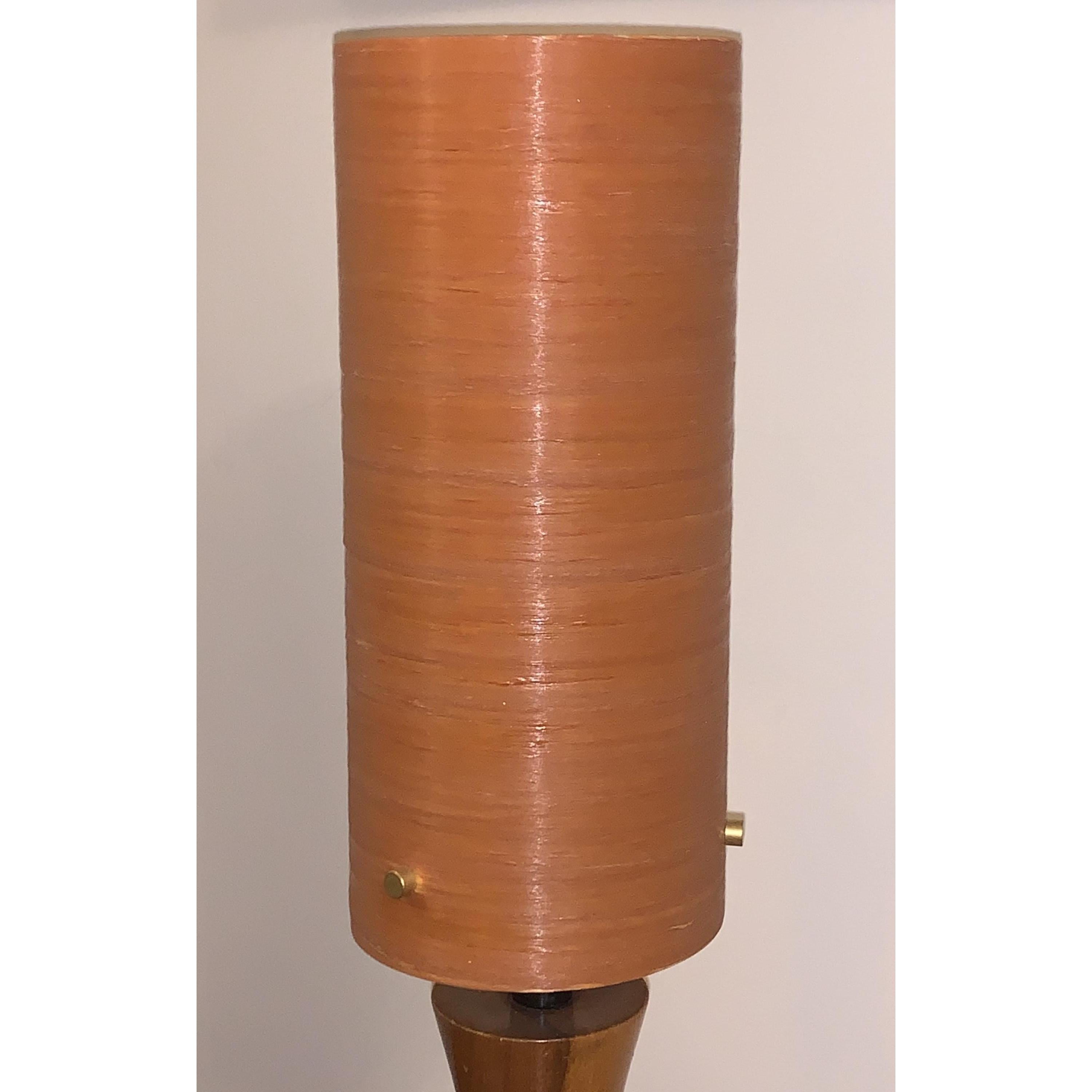 1960s Wood Inlay Hourglass Lamp – Orange Spun Fiberglass Shade, Mid Century Modern British Vintage