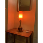 1960s Wood Inlay Hourglass Lamp – Orange Spun Fiberglass Shade, Mid Century Modern British Vintage