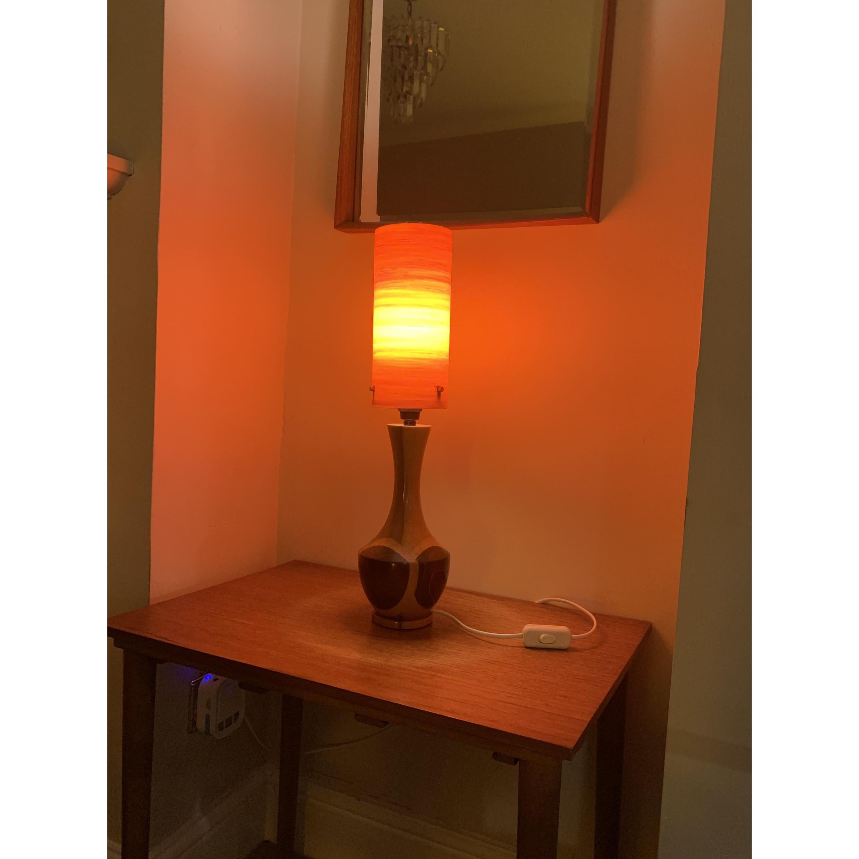 1960s Wood Inlay Hourglass Lamp – Orange Spun Fiberglass Shade, Mid Century Modern British Vintage