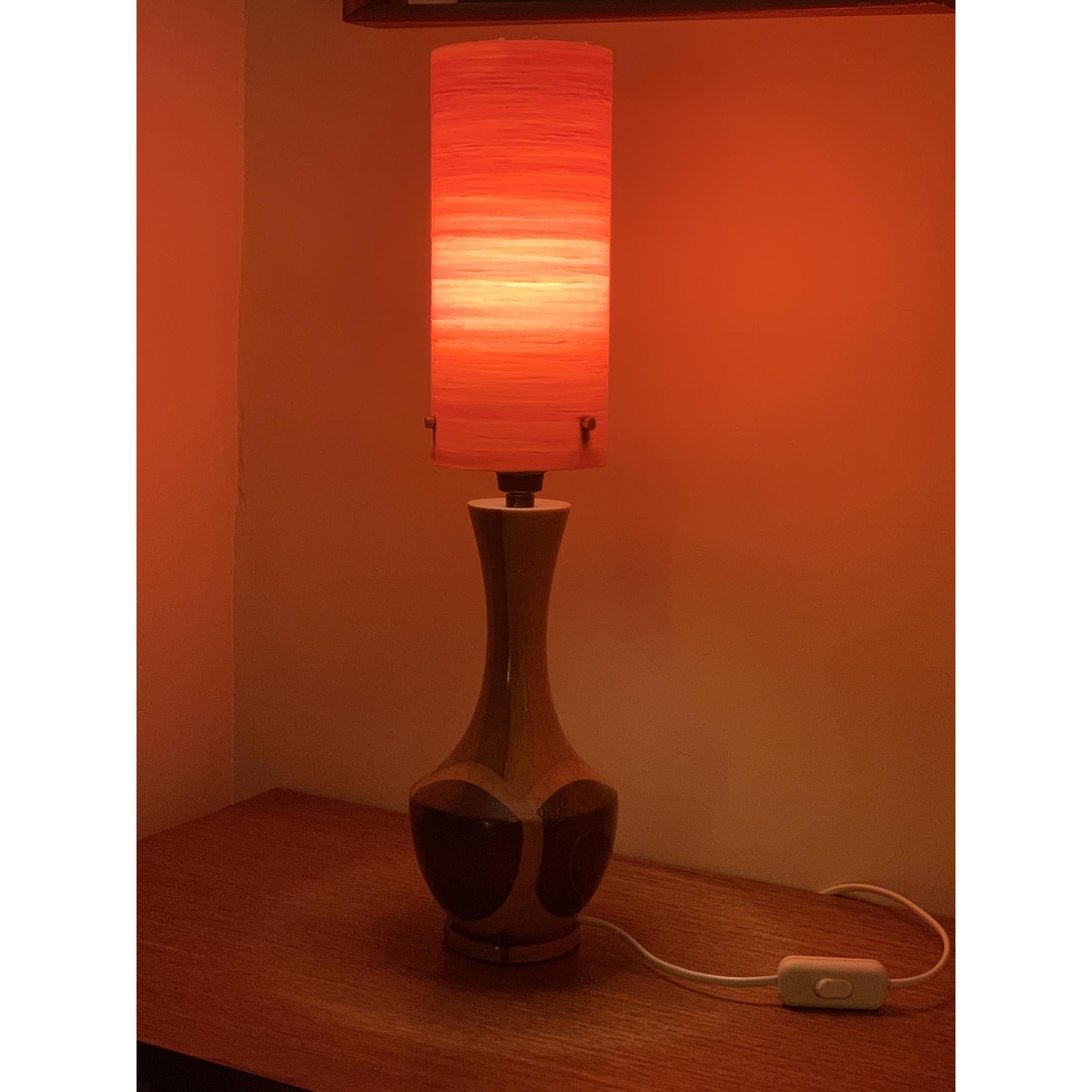 1960s Wood Inlay Hourglass Lamp – Orange Spun Fiberglass Shade, Mid Century Modern British Vintage