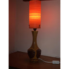 1960s Wood Inlay Hourglass Lamp – Orange Spun Fiberglass Shade, Mid Century Modern British Vintage