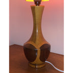 1960s Wood Inlay Hourglass Lamp – Orange Spun Fiberglass Shade, Mid Century Modern British Vintage