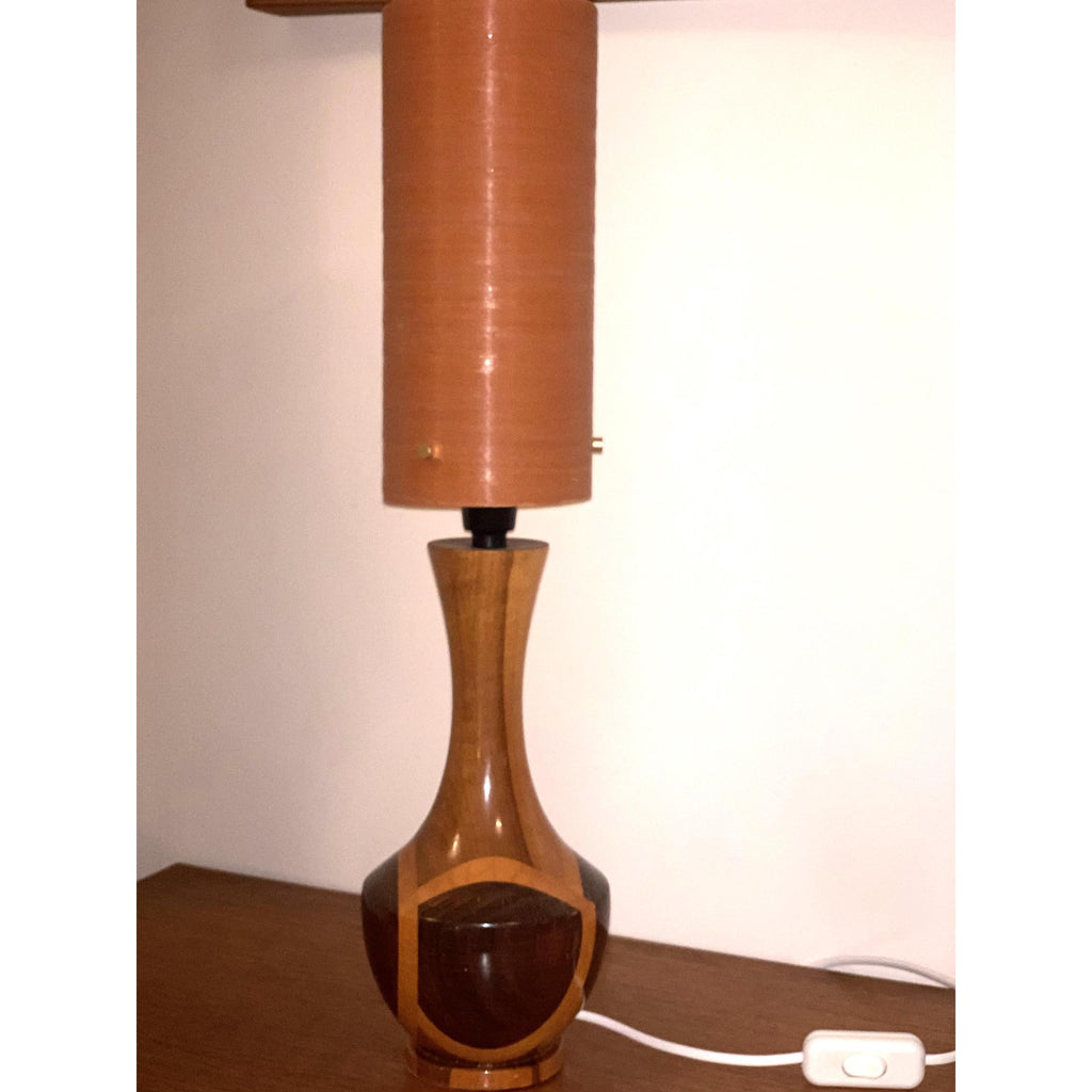 1960s Wood Inlay Hourglass Lamp – Orange Spun Fiberglass Shade, Mid Century Modern British Vintage