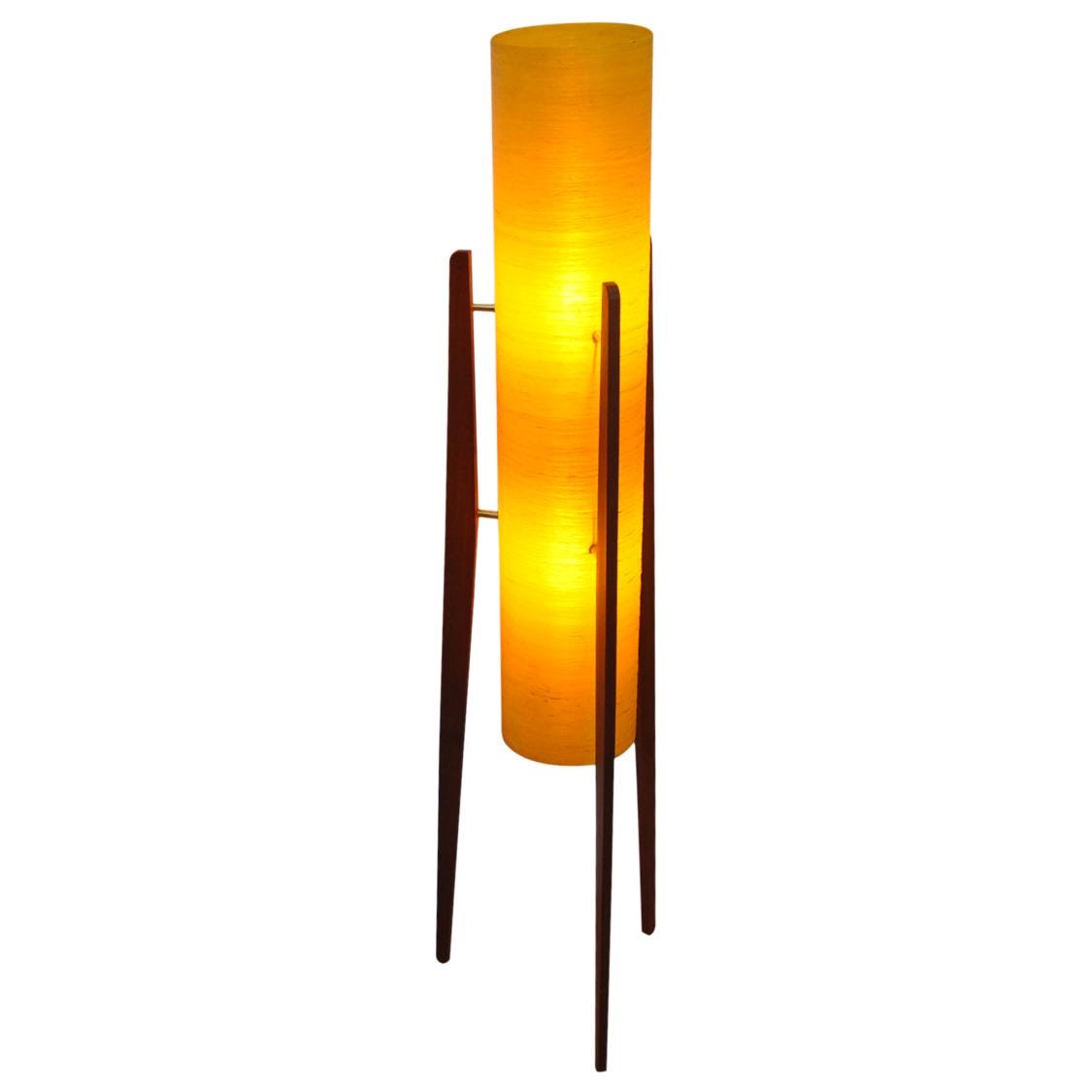 1960s Yellow Rocket Floor Lamp – Sheerlite Fibreglass, Teak Tripod, Space Age Mid Century Modern