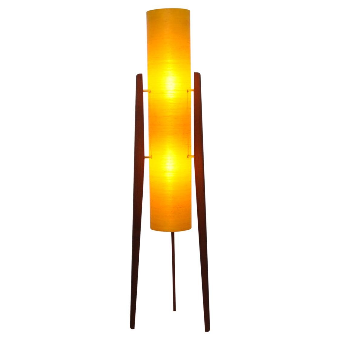 1960s Yellow Rocket Floor Lamp – Sheerlite Fibreglass, Teak Tripod, Space Age Mid Century Modern