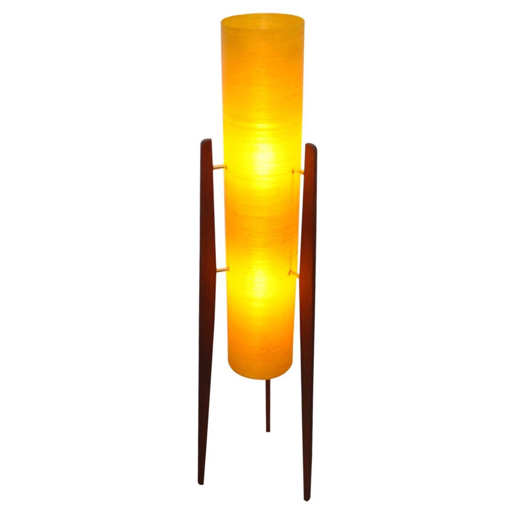 1960s Yellow Rocket Floor Lamp – Sheerlite Fibreglass, Teak Tripod, Space Age Mid Century Modern