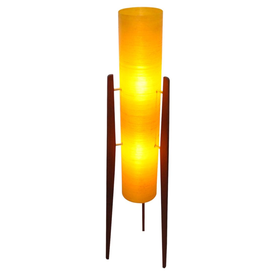 1960s Yellow Rocket Floor Lamp – Sheerlite Fibreglass, Teak Tripod, Space Age Mid Century Modern