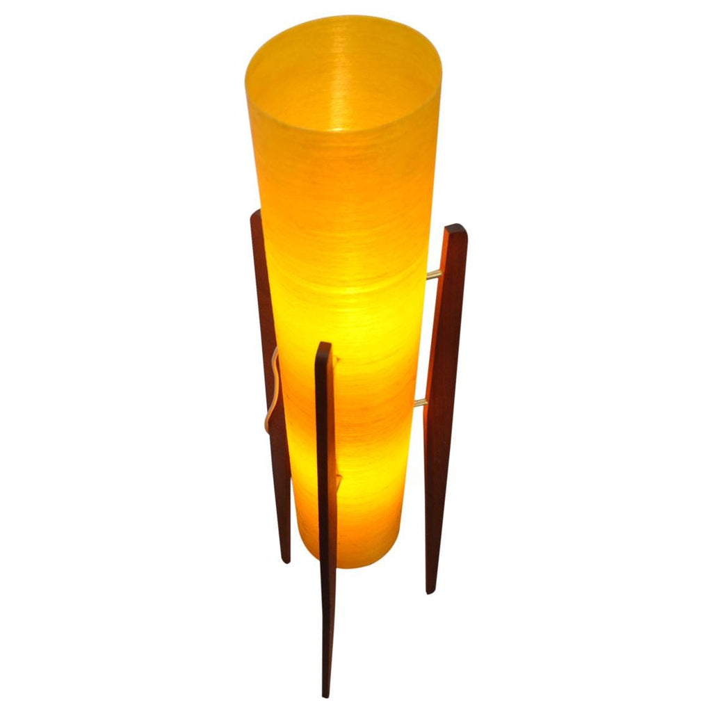 1960s Yellow Rocket Floor Lamp – Sheerlite Fibreglass, Teak Tripod, Space Age Mid Century Modern