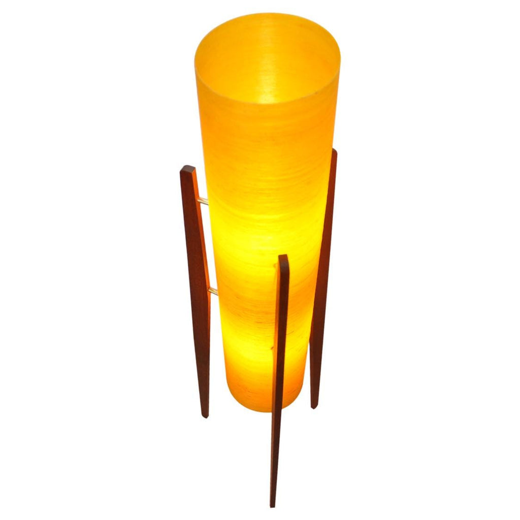 1960s Yellow Rocket Floor Lamp – Sheerlite Fibreglass, Teak Tripod, Space Age Mid Century Modern