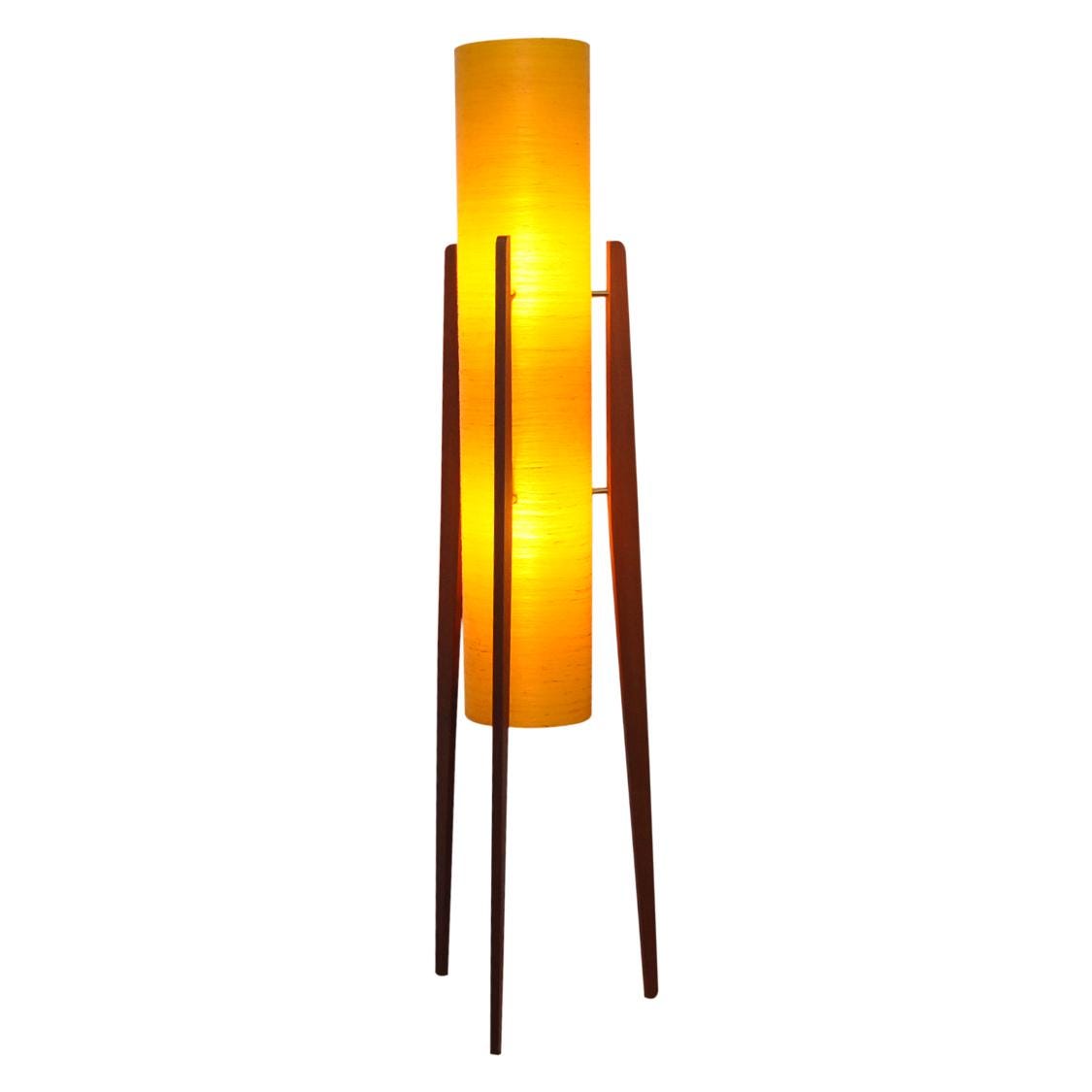 1960s Yellow Rocket Floor Lamp – Sheerlite Fibreglass, Teak Tripod, Space Age Mid Century Modern
