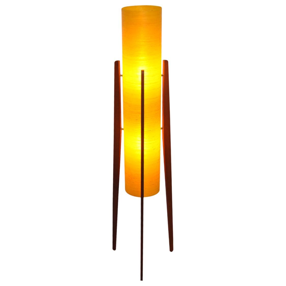 1960s Yellow Rocket Floor Lamp – Sheerlite Fibreglass, Teak Tripod, Space Age Mid Century Modern