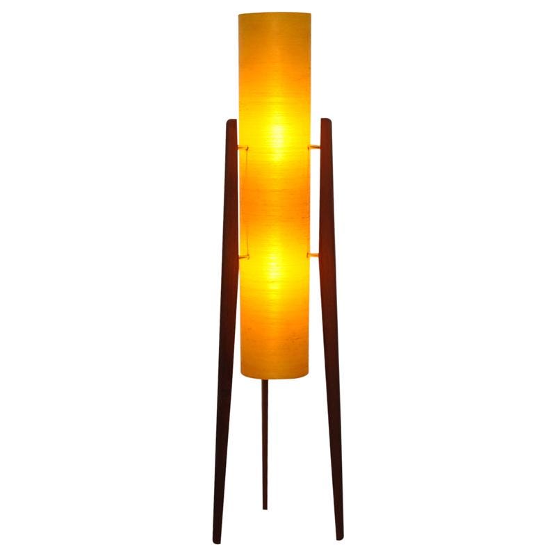 1960s Yellow Rocket Floor Lamp – Sheerlite Fibreglass, Teak Tripod, Space Age Mid Century Modern
