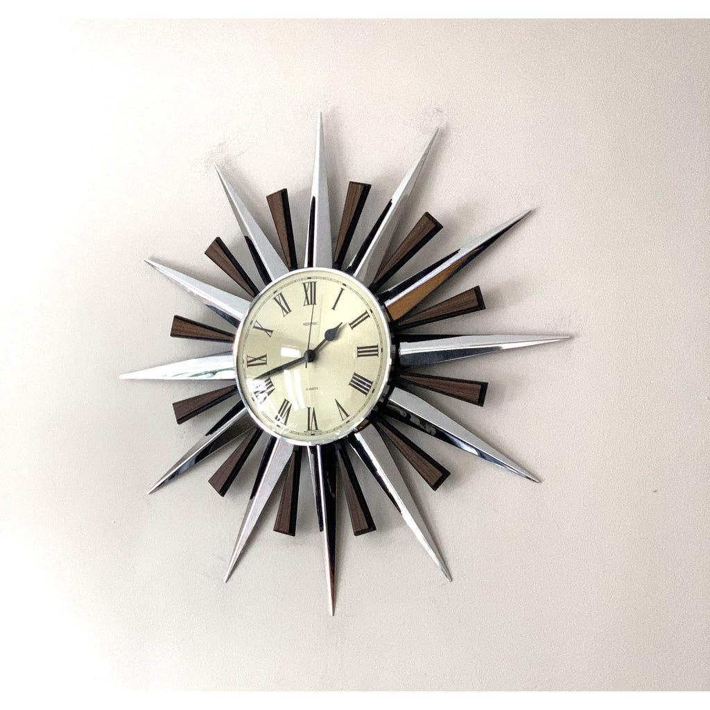 1970s Metamec Sunburst Clock – Original Chrome Starburst, Mid Century Modern, 60cm