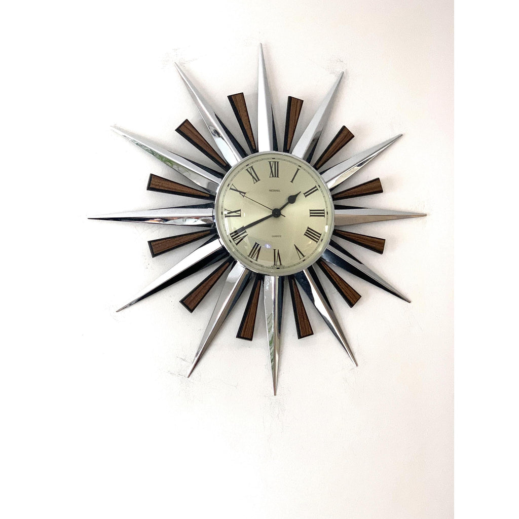 1970s Metamec Sunburst Clock – Original Chrome Starburst, Mid Century Modern, 60cm