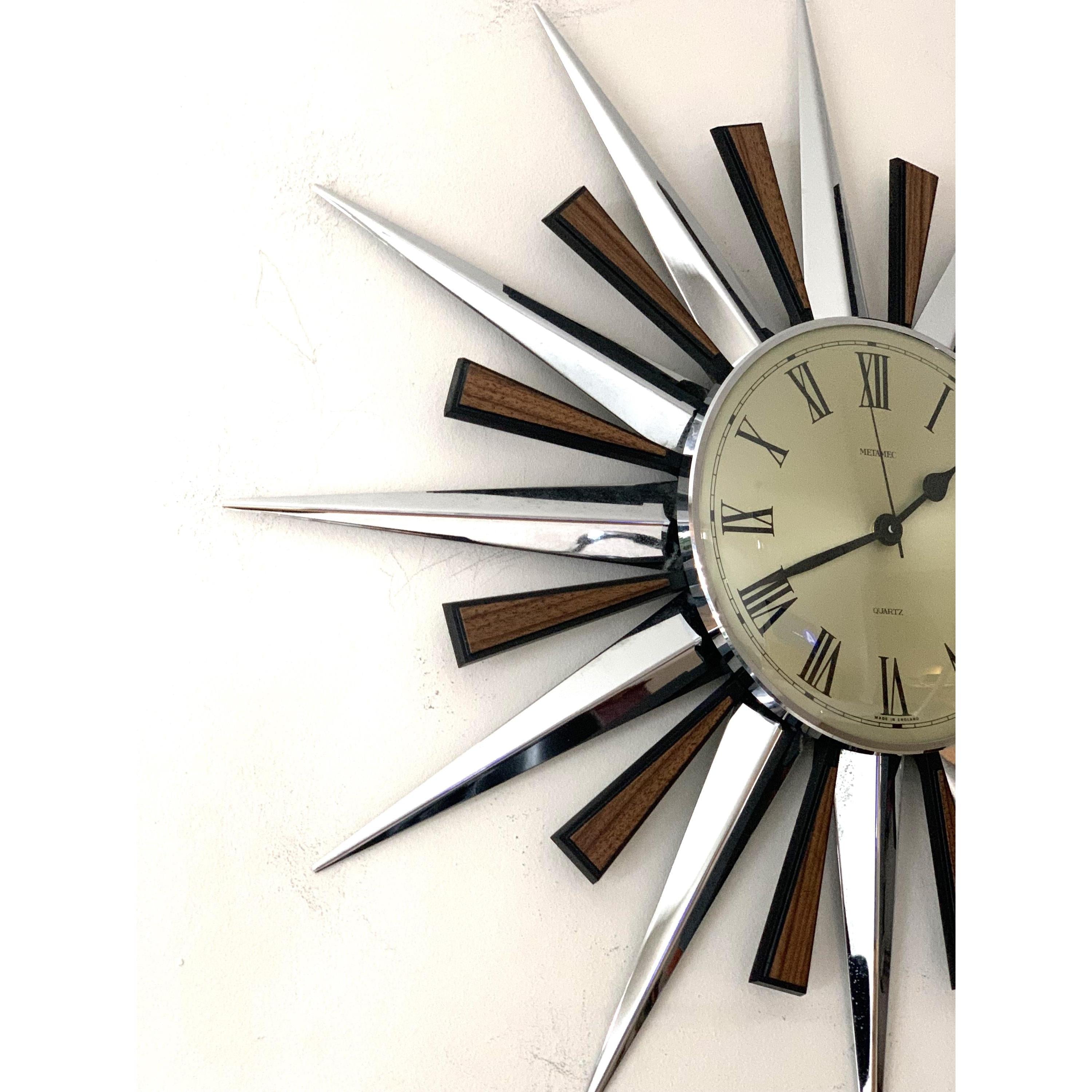 1970s Metamec Sunburst Clock – Original Chrome Starburst, Mid Century Modern, 60cm