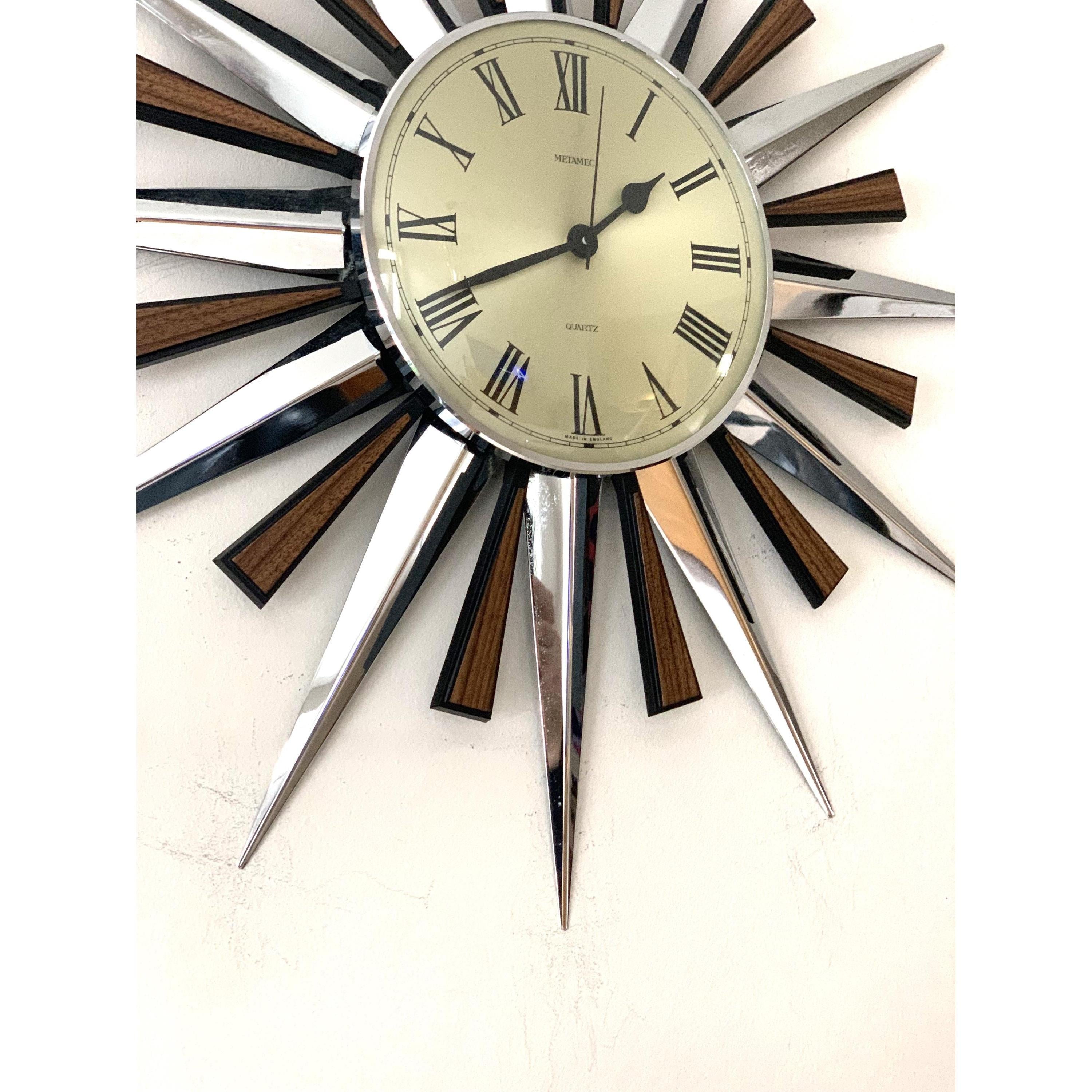 1970s Metamec Sunburst Clock – Original Chrome Starburst, Mid Century Modern, 60cm