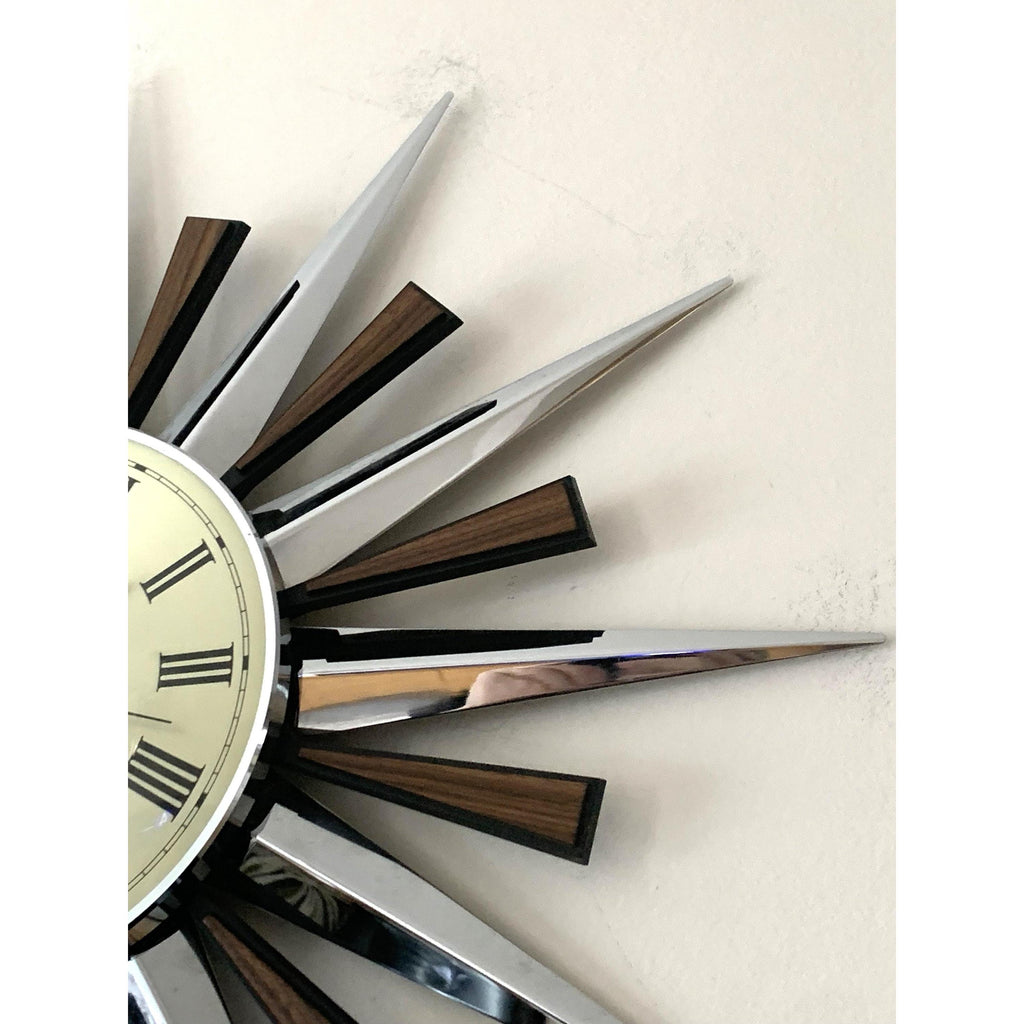 1970s Metamec Sunburst Clock – Original Chrome Starburst, Mid Century Modern, 60cm