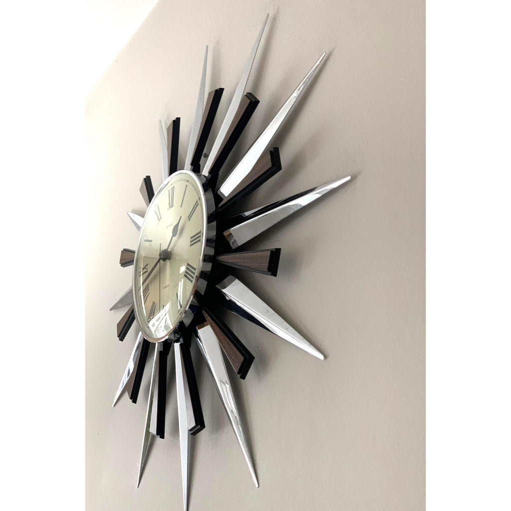 1970s Metamec Sunburst Clock – Original Chrome Starburst, Mid Century Modern, 60cm