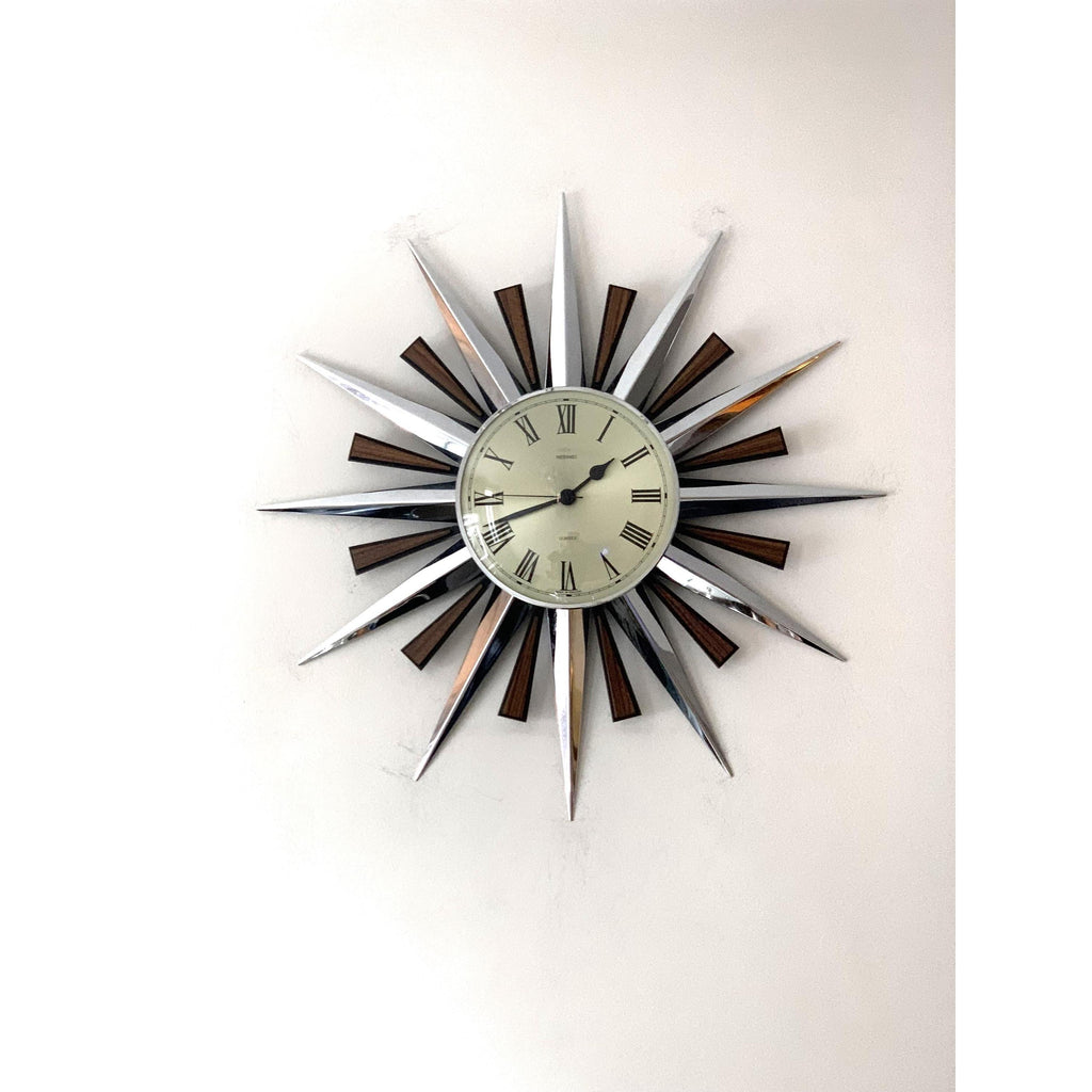 1970s Metamec Sunburst Clock – Original Chrome Starburst, Mid Century Modern, 60cm